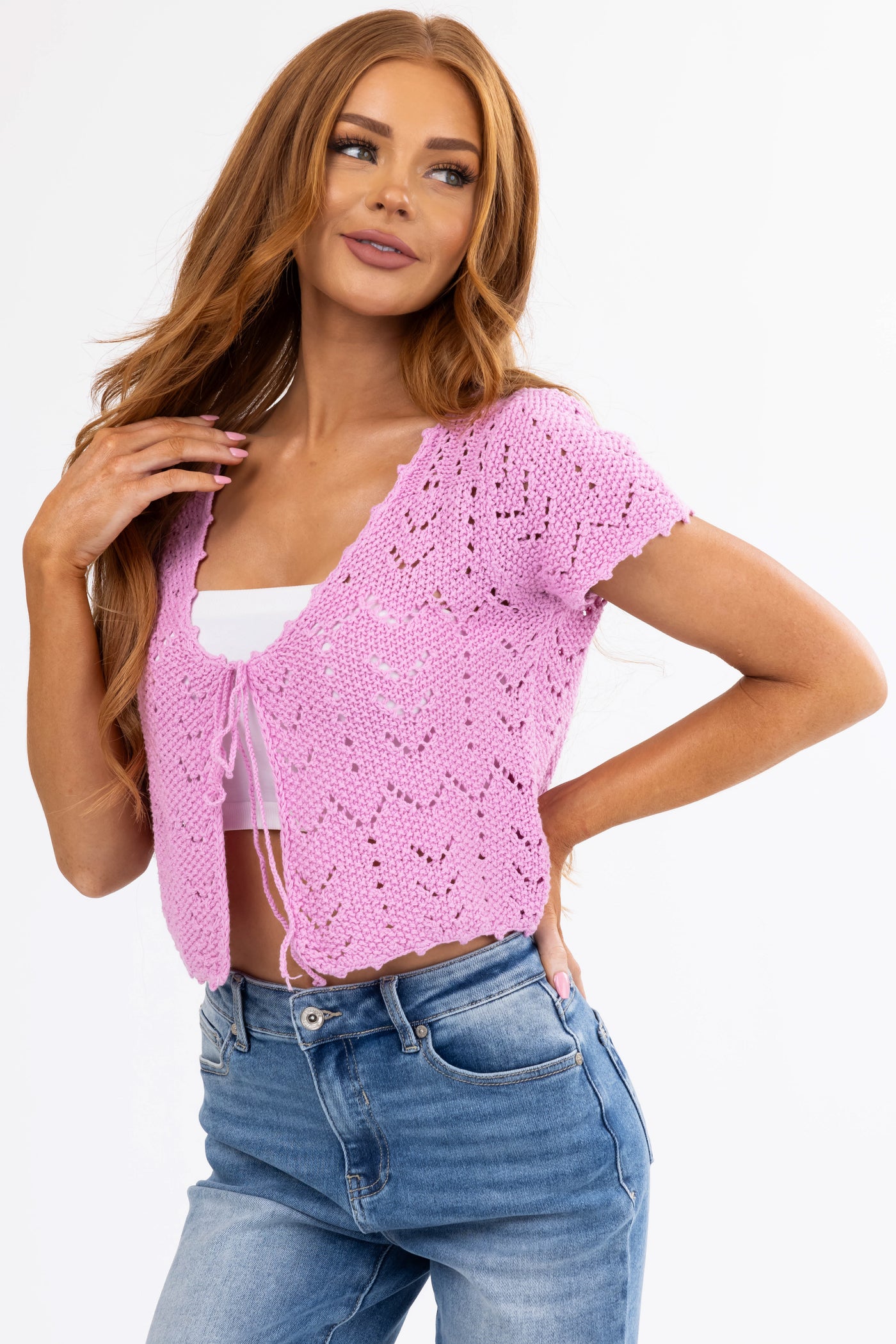 Carnation Crochet Knit Short Sleeve Cardigan