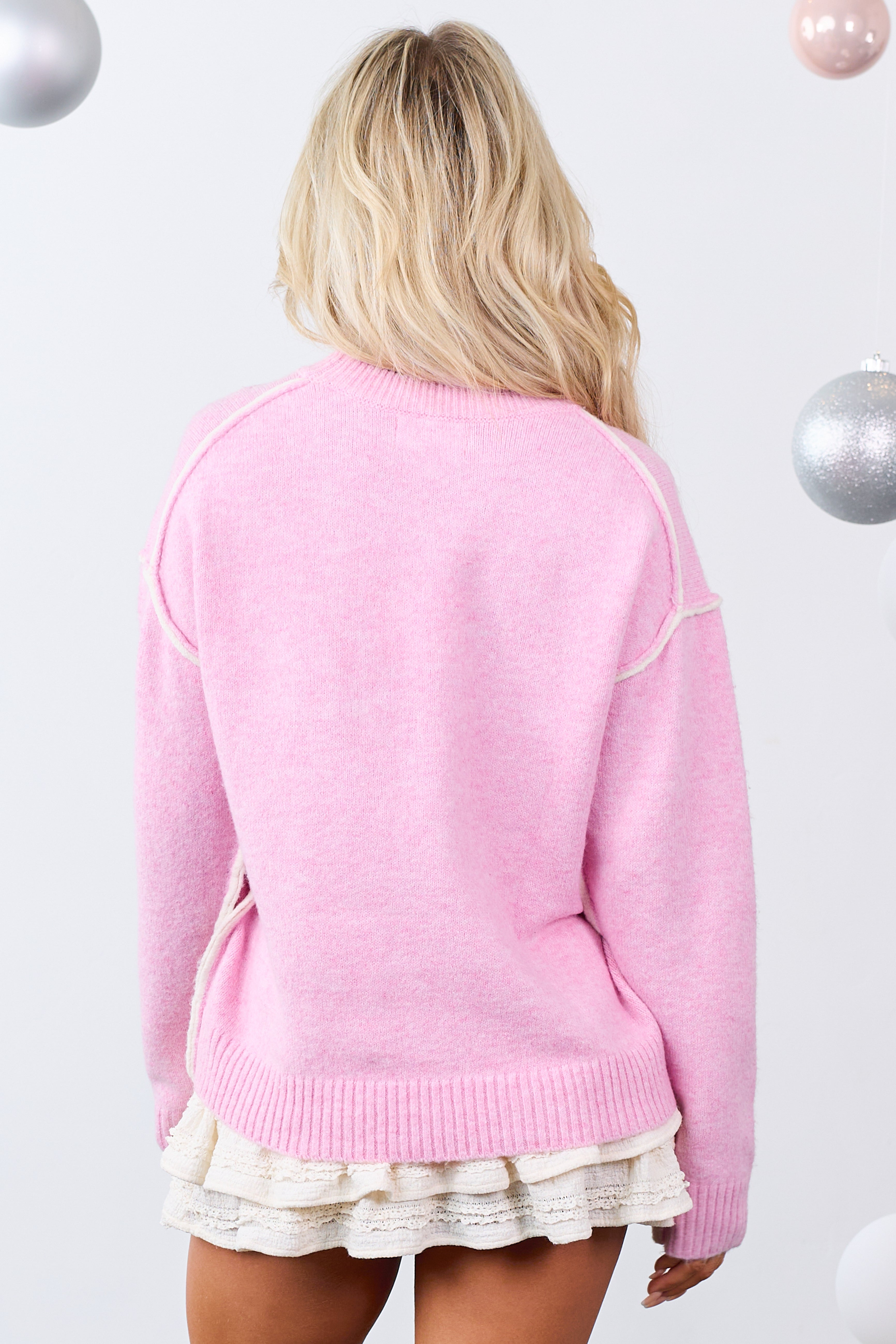 Carnation Exposed Contrast Seam Knit Sweater