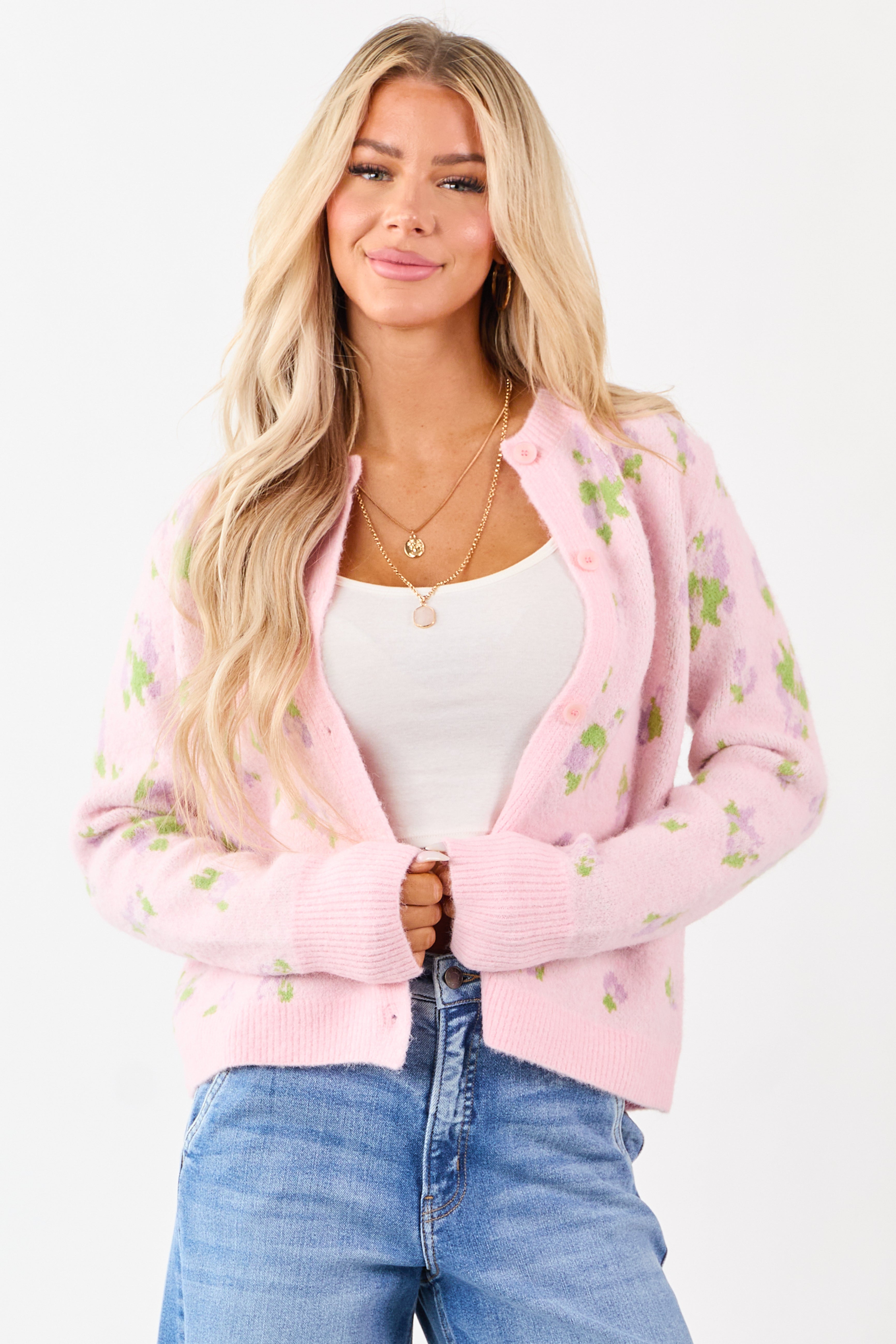 Carnation Floral Button Up Wool Blend Knit Cardigan
