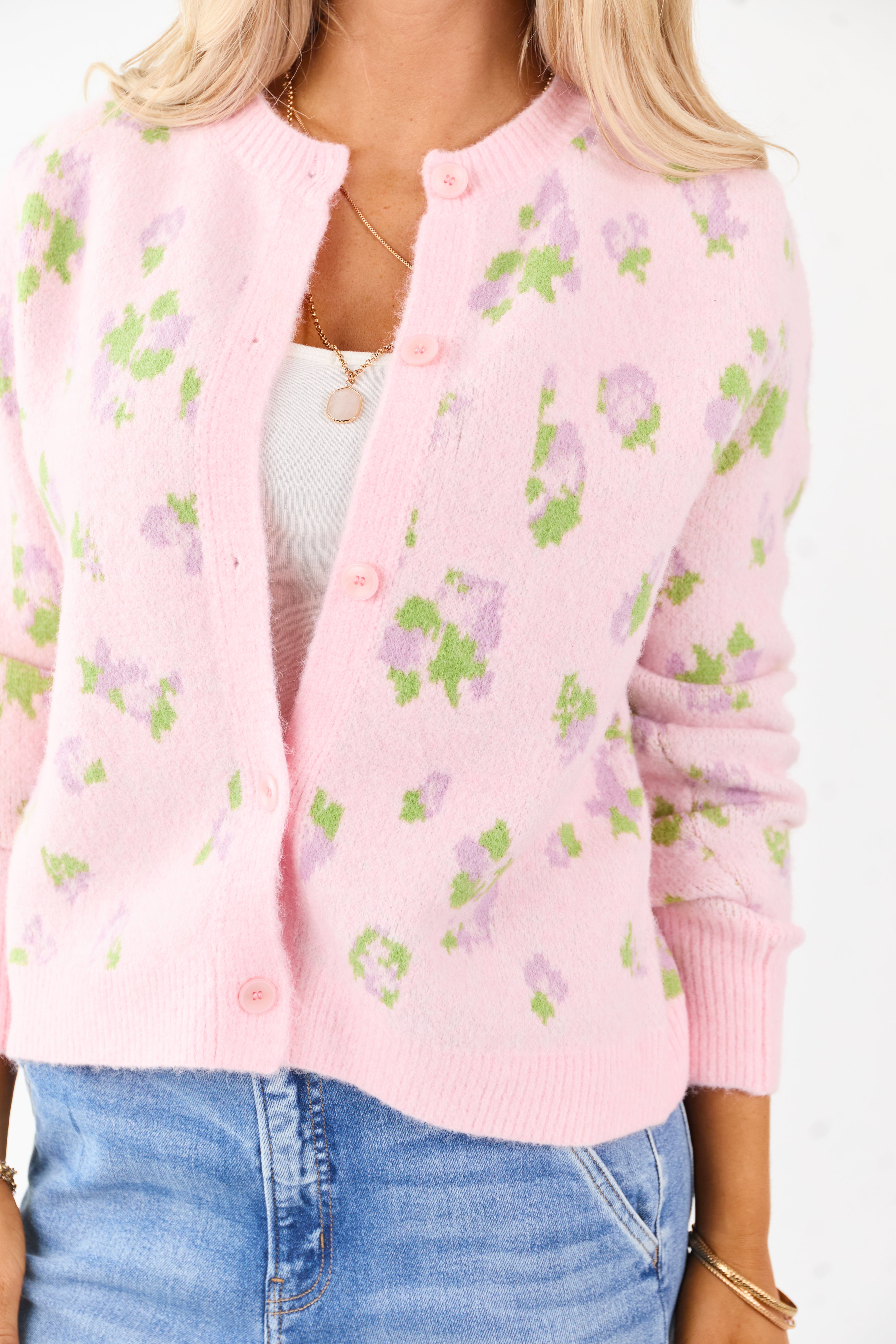 Carnation Floral Button Up Wool Blend Knit Cardigan