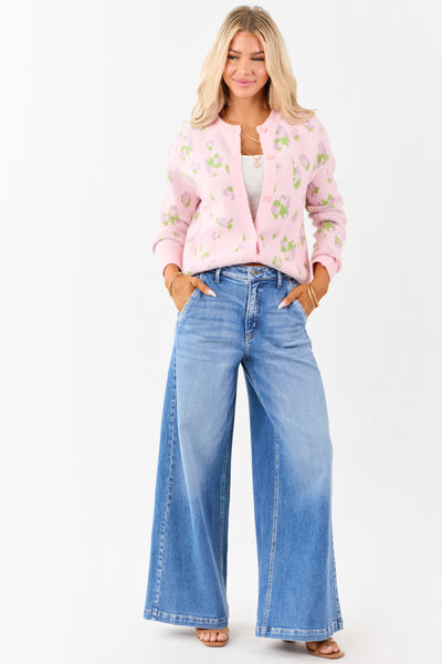 Carnation Floral Button Up Wool Blend Knit Cardigan