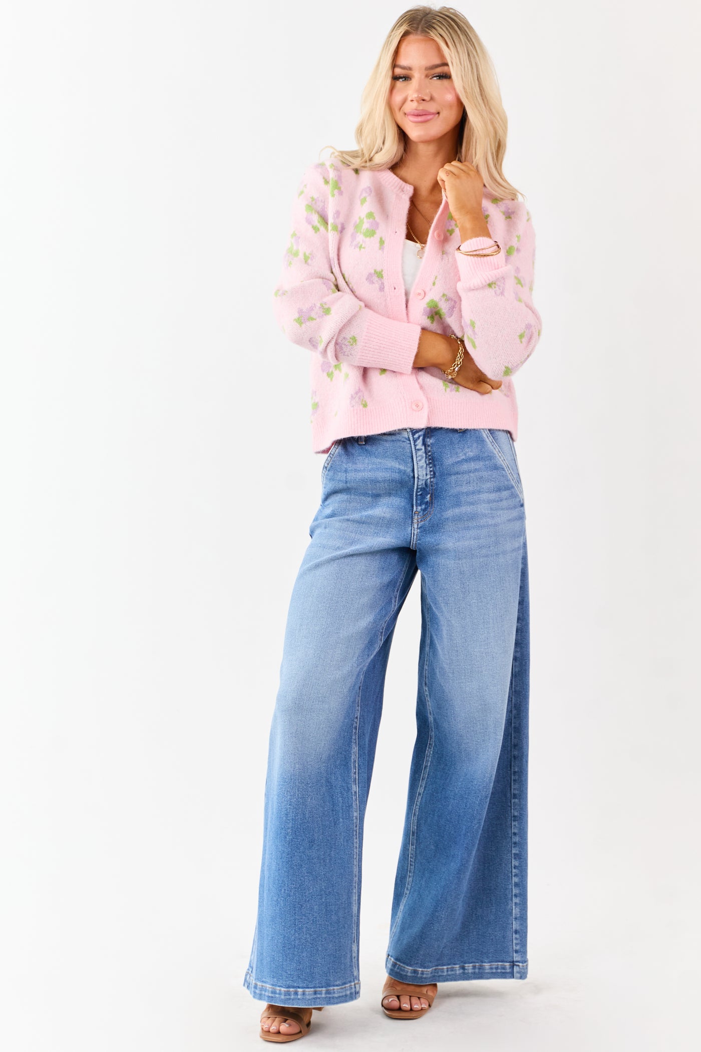 Carnation Floral Button Up Wool Blend Knit Cardigan