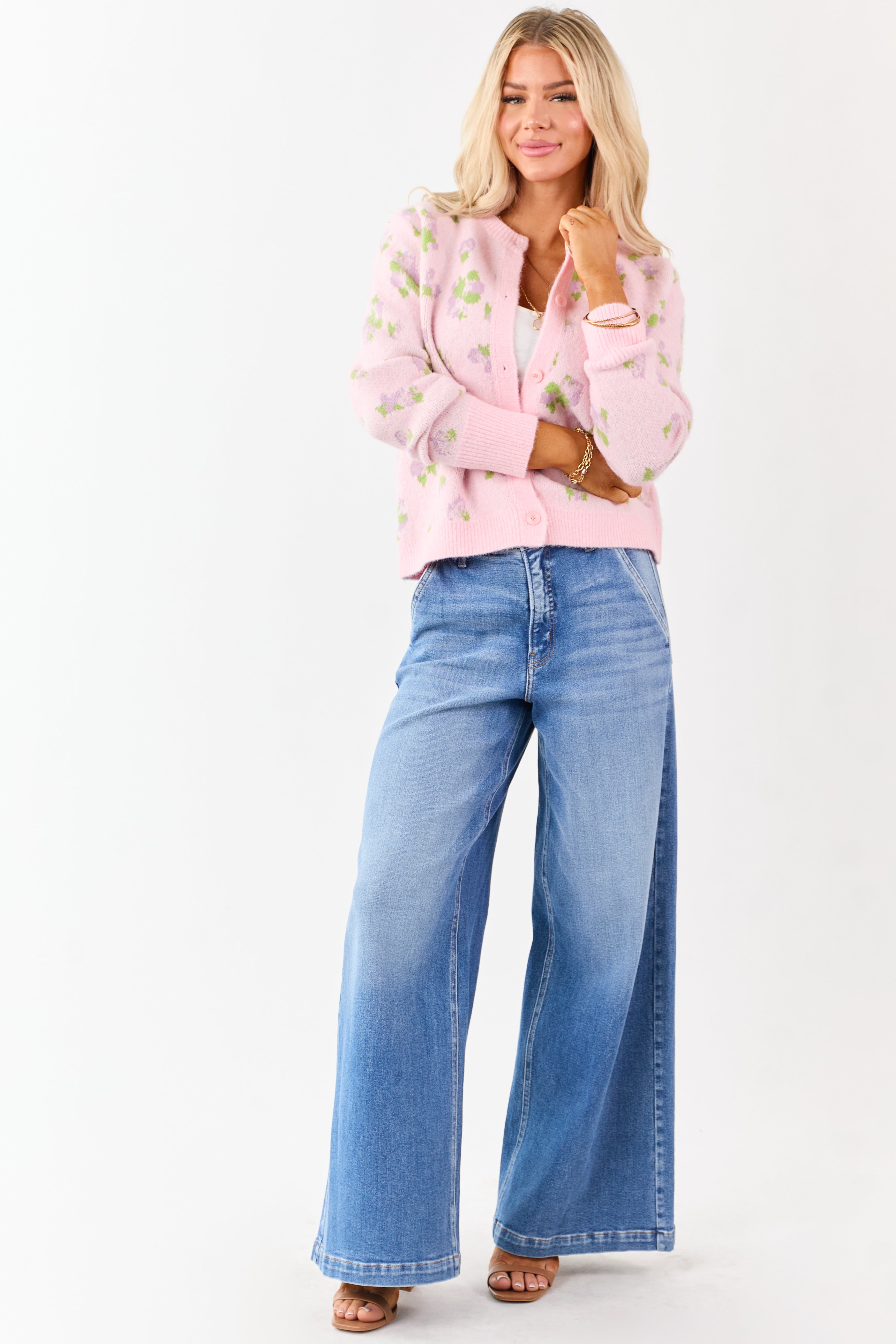 Carnation Floral Button Up Wool Blend Knit Cardigan