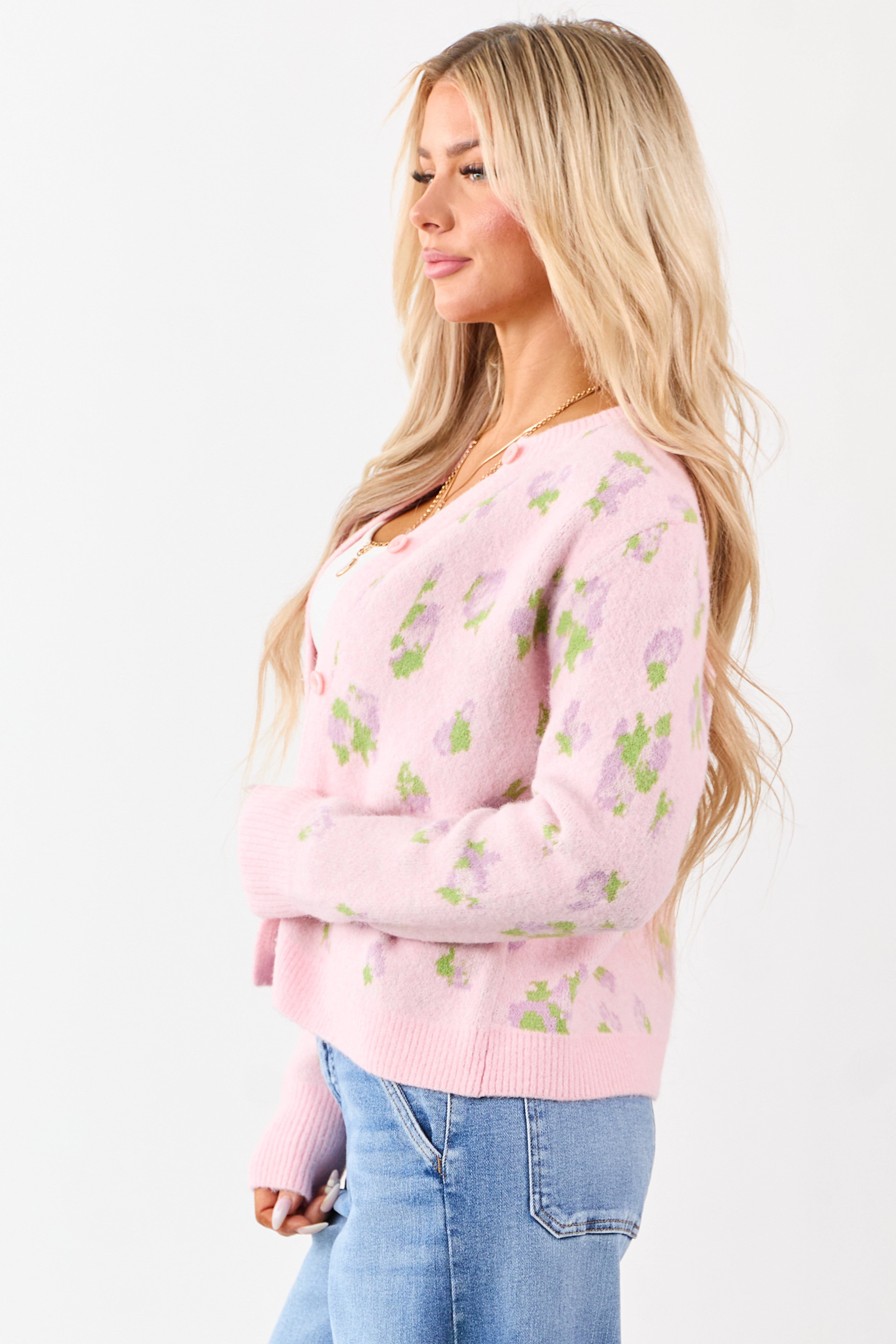 Carnation Floral Button Up Wool Blend Knit Cardigan