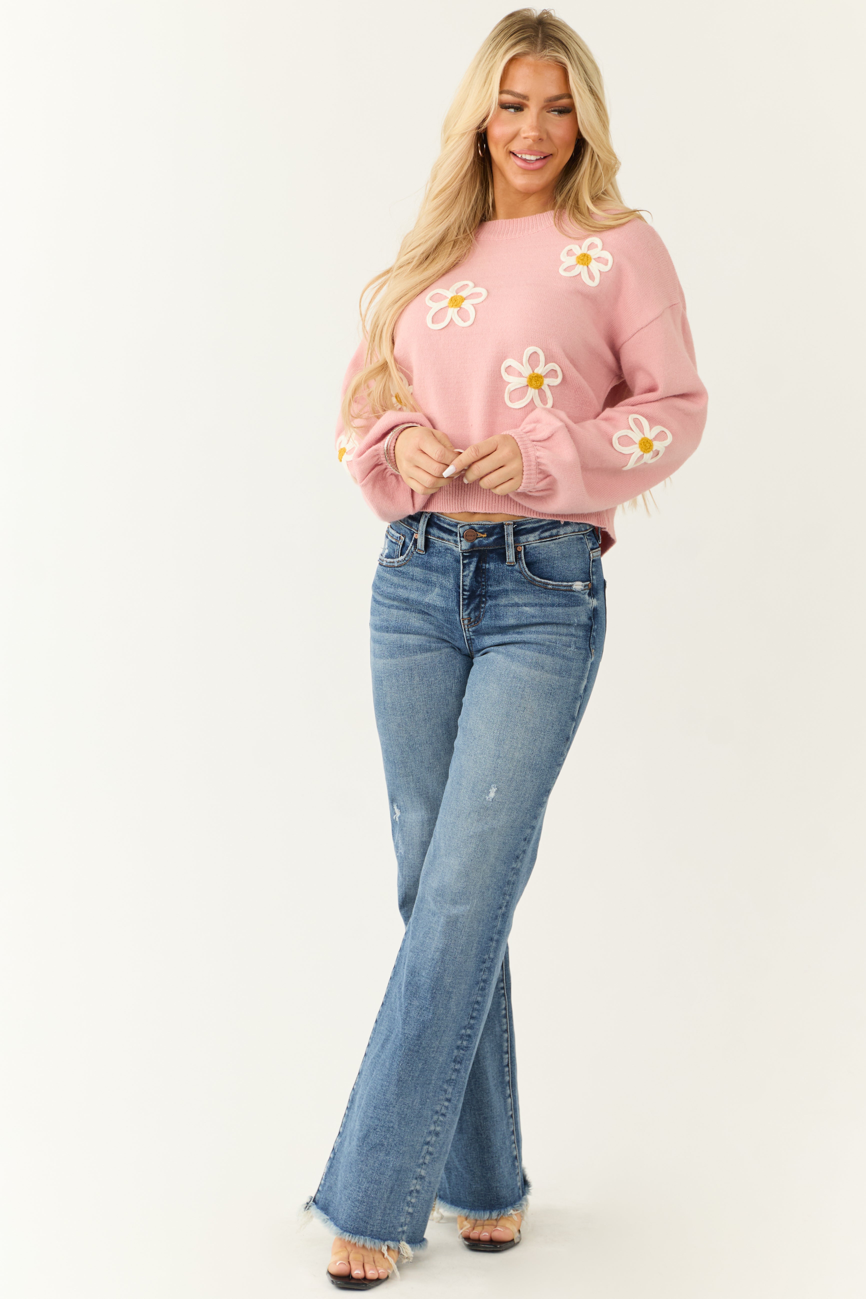 Carnation Floral Embroidered Puff Sleeve Sweater | Lime Lush Boutique