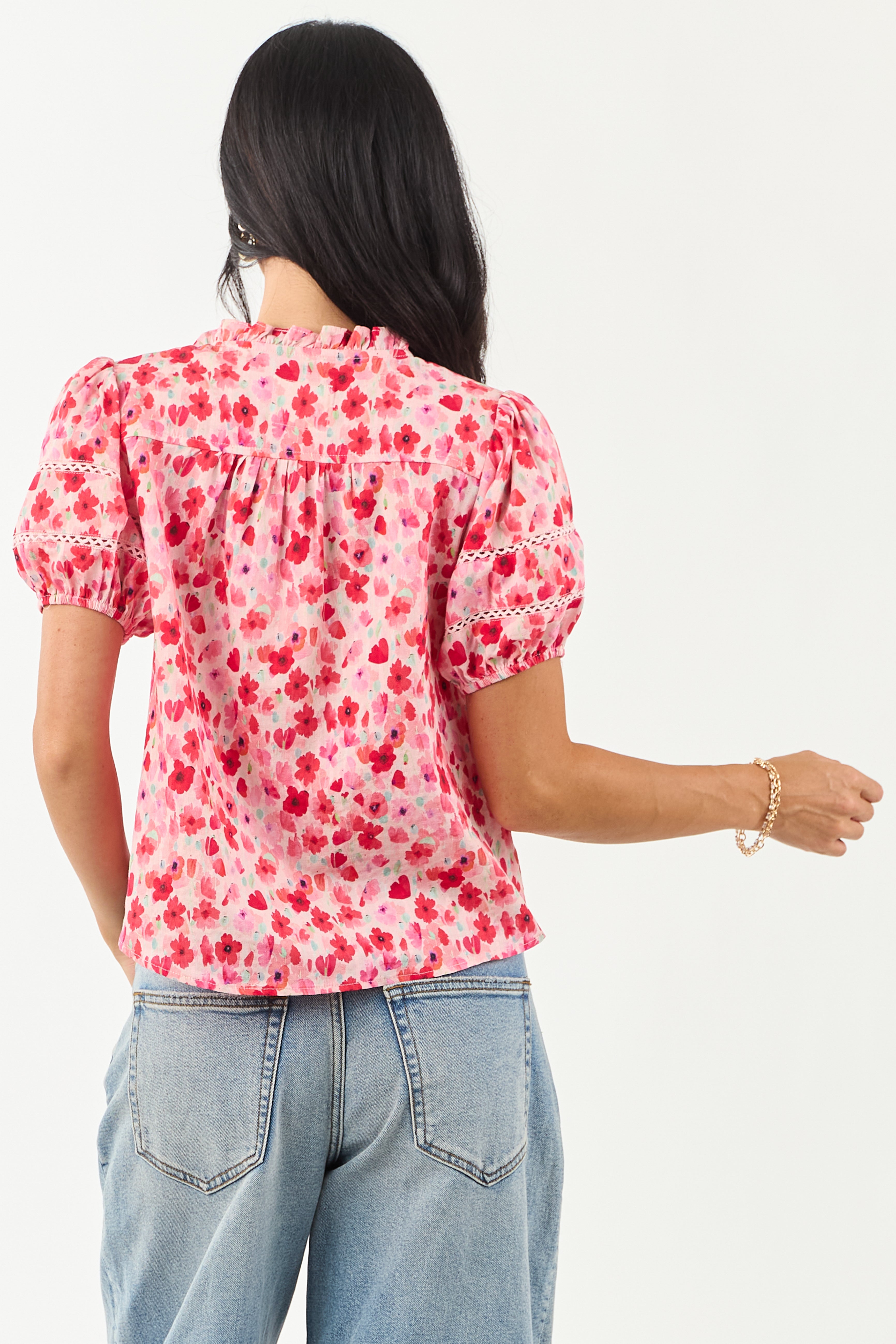 Carnation Floral Print Embroidered Puff Sleeve Blouse