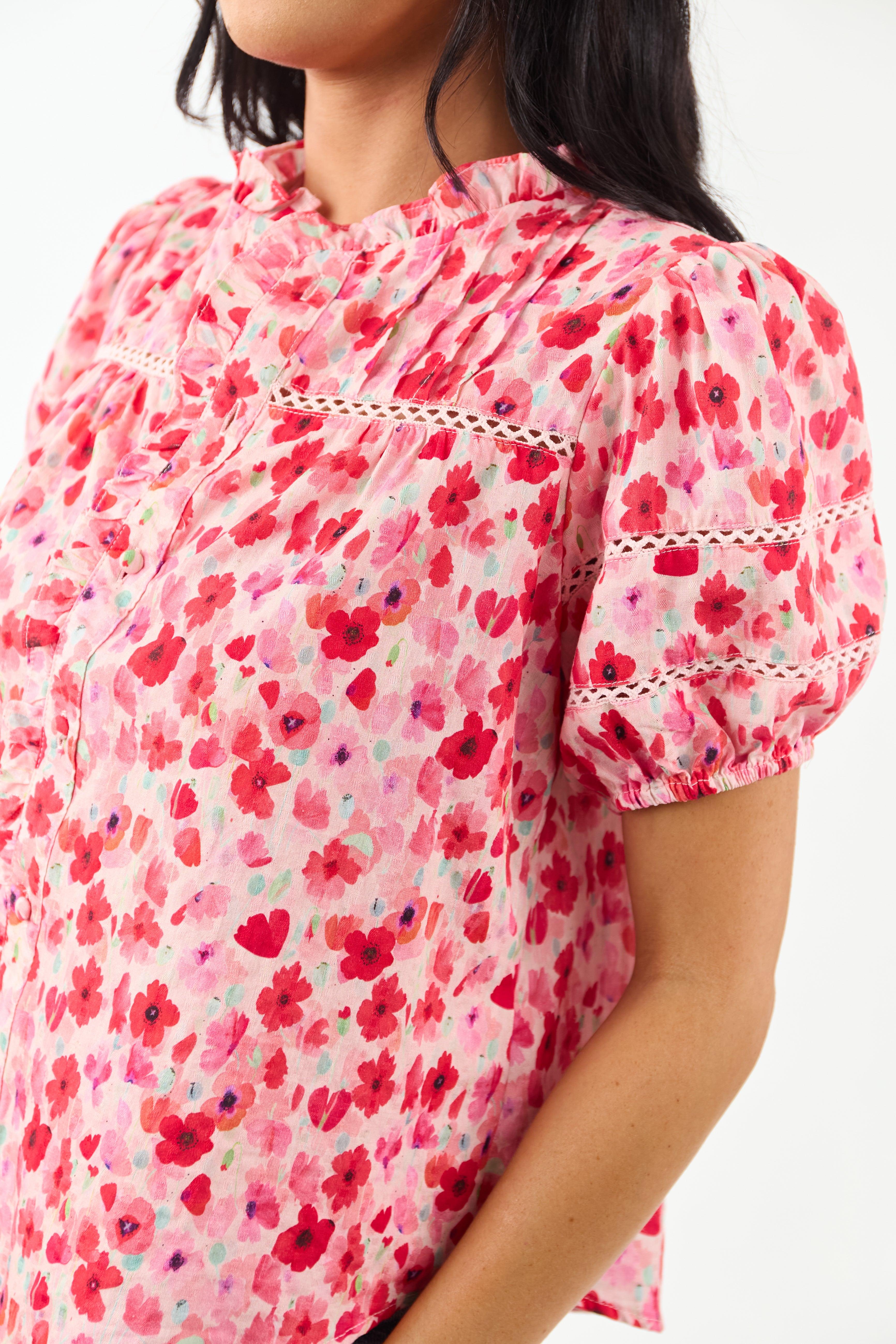 Carnation Floral Print Embroidered Puff Sleeve Blouse