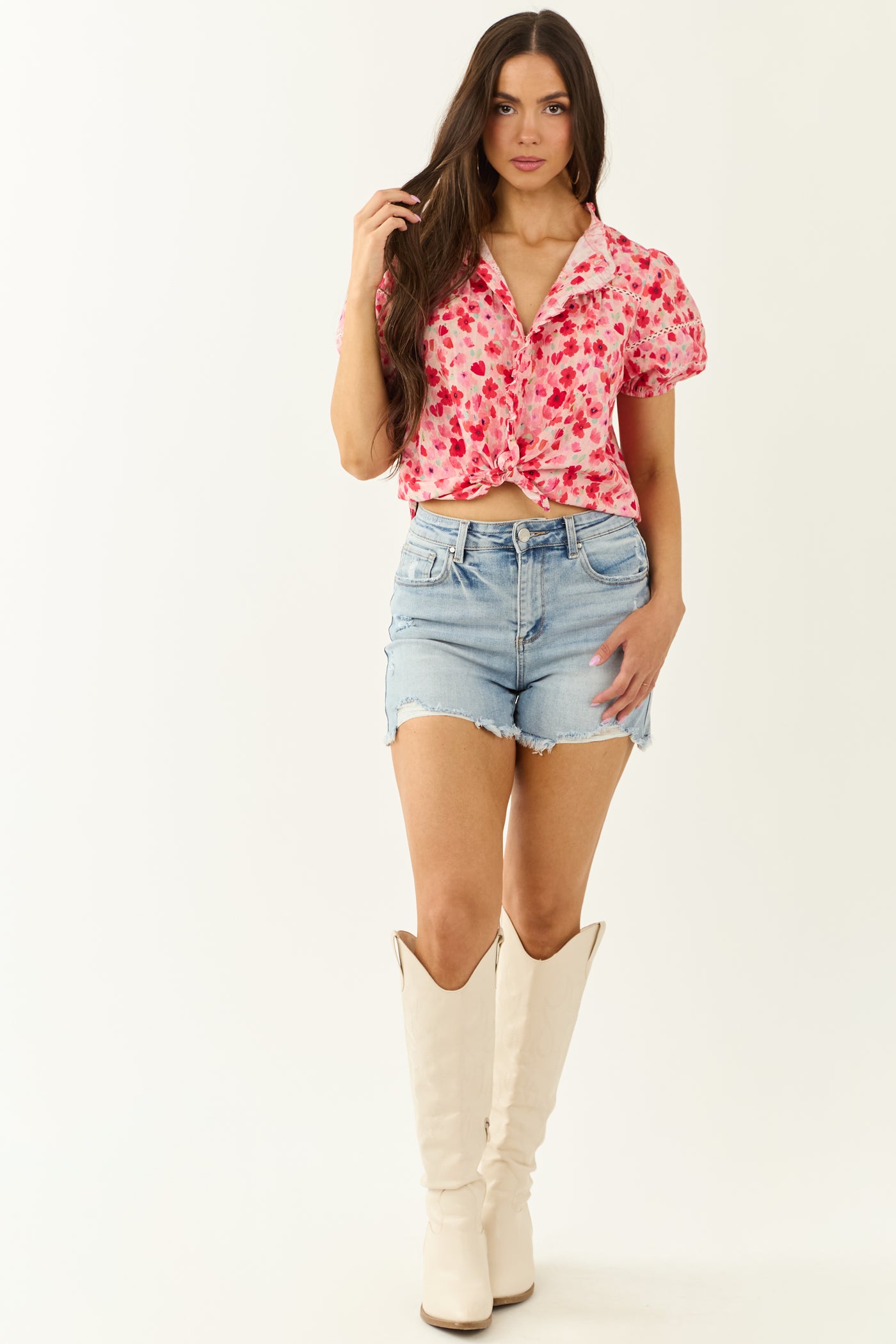 Carnation Floral Print Embroidered Puff Sleeve Blouse