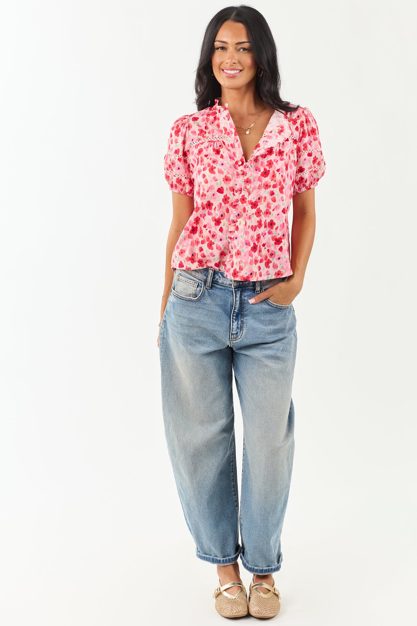 Carnation Floral Print Embroidered Puff Sleeve Blouse