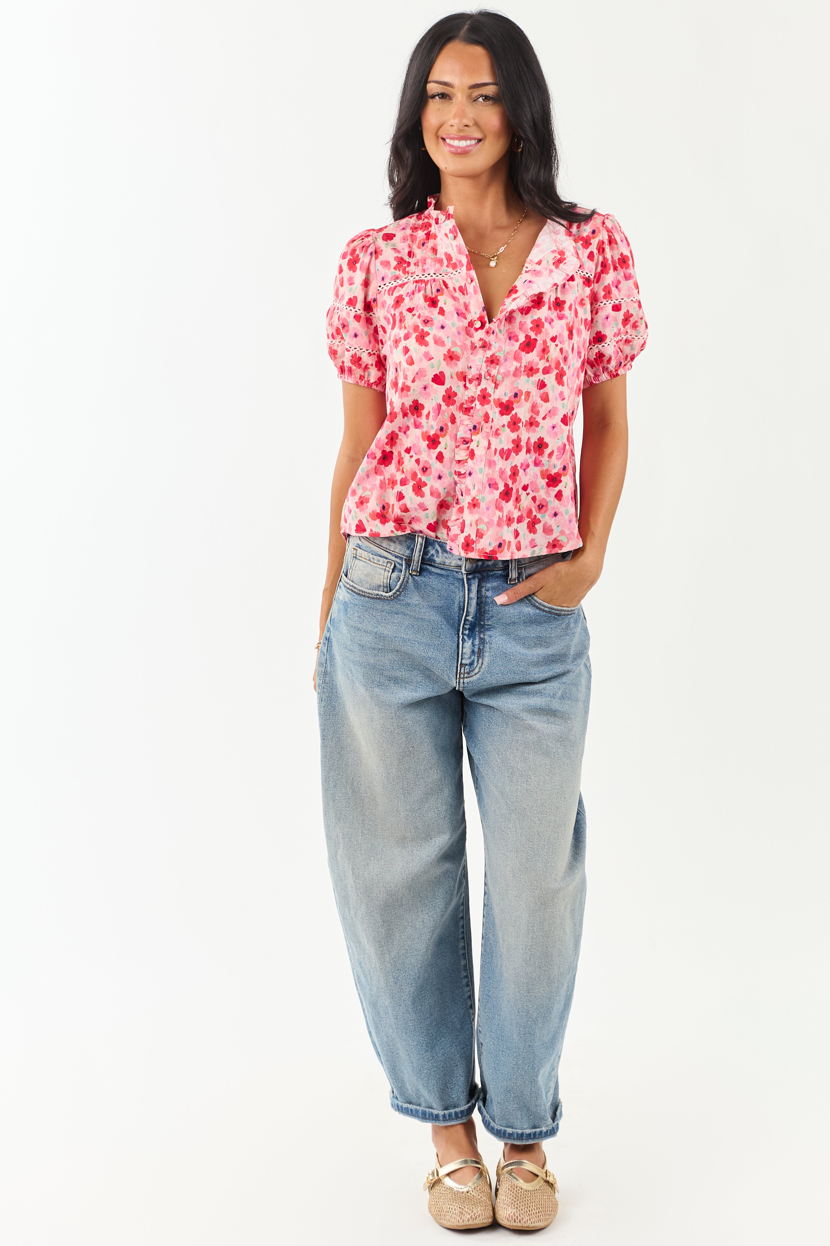 Carnation Floral Print Embroidered Puff Sleeve Blouse