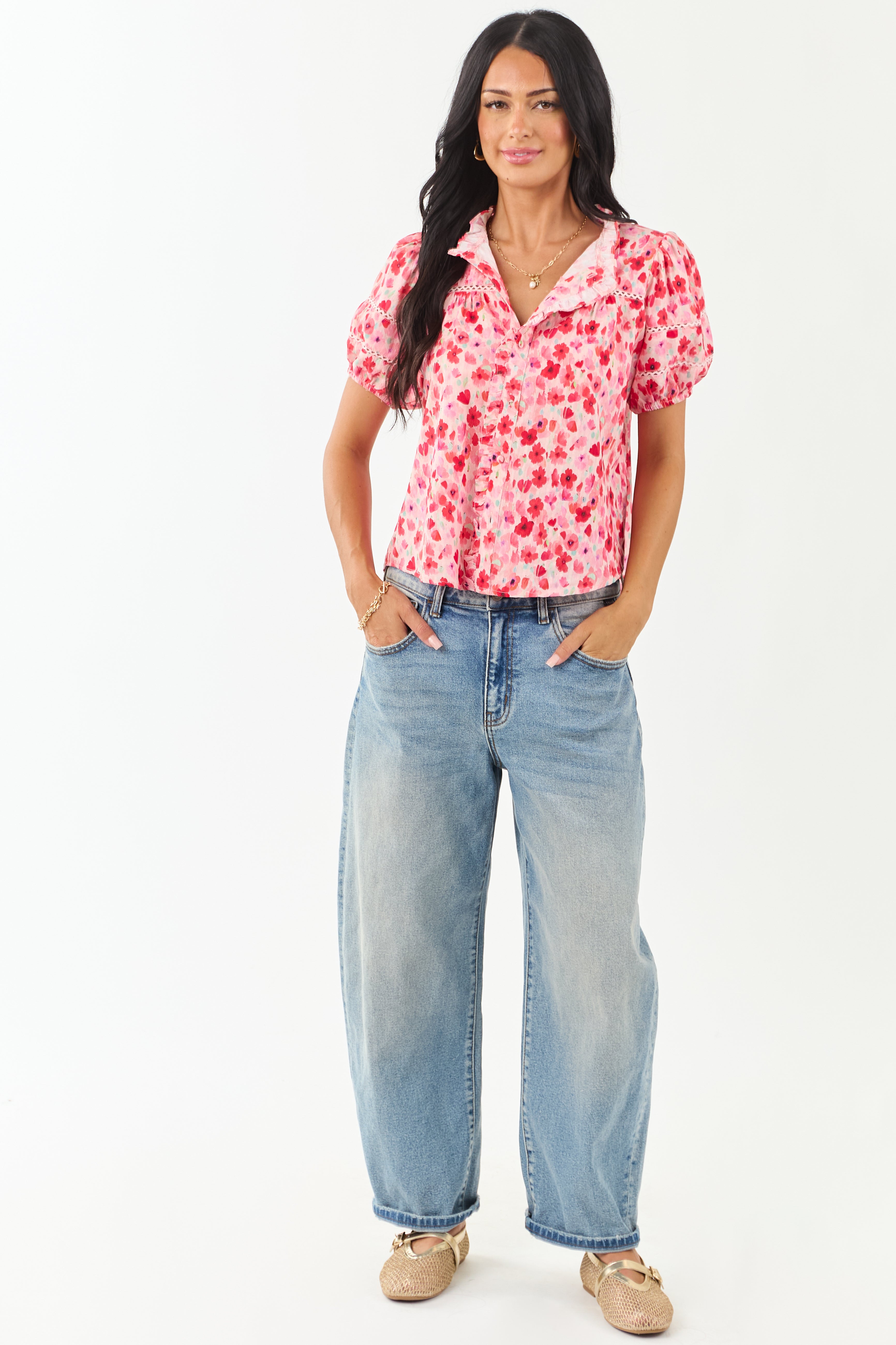 Carnation Floral Print Embroidered Puff Sleeve Blouse