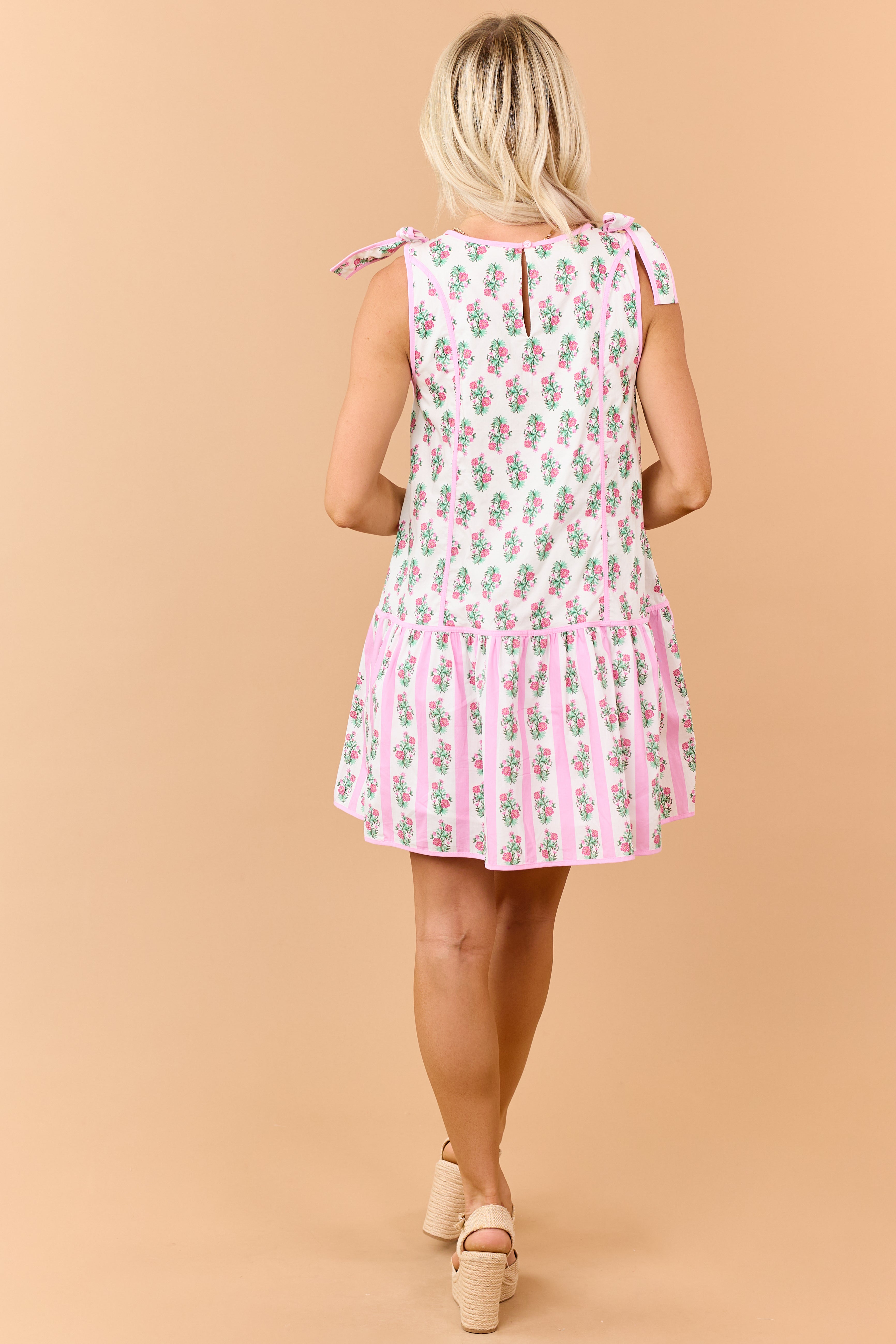 Carnation Floral Print Tie Strap Cotton Mini Dress