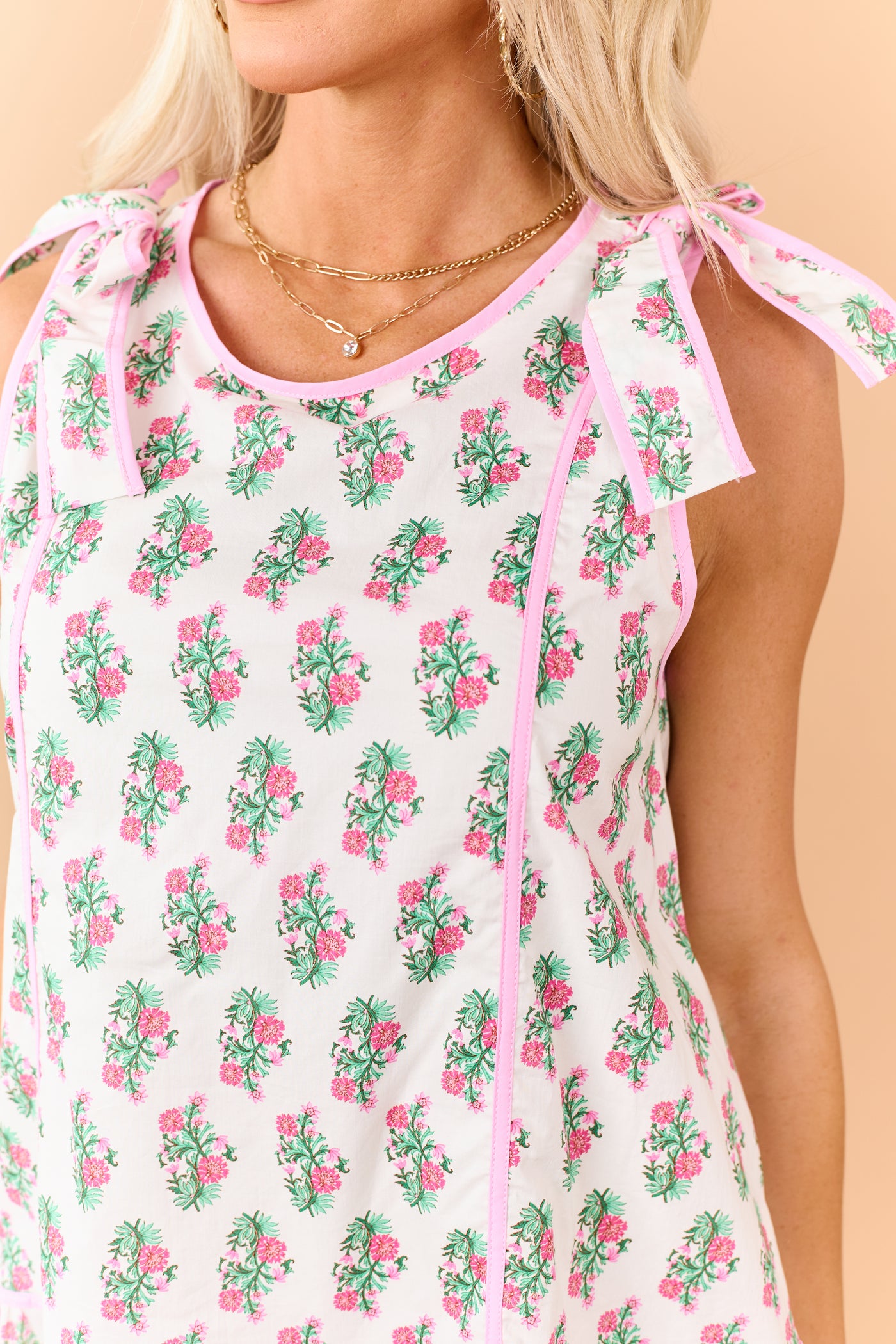 Carnation Floral Print Tie Strap Cotton Mini Dress