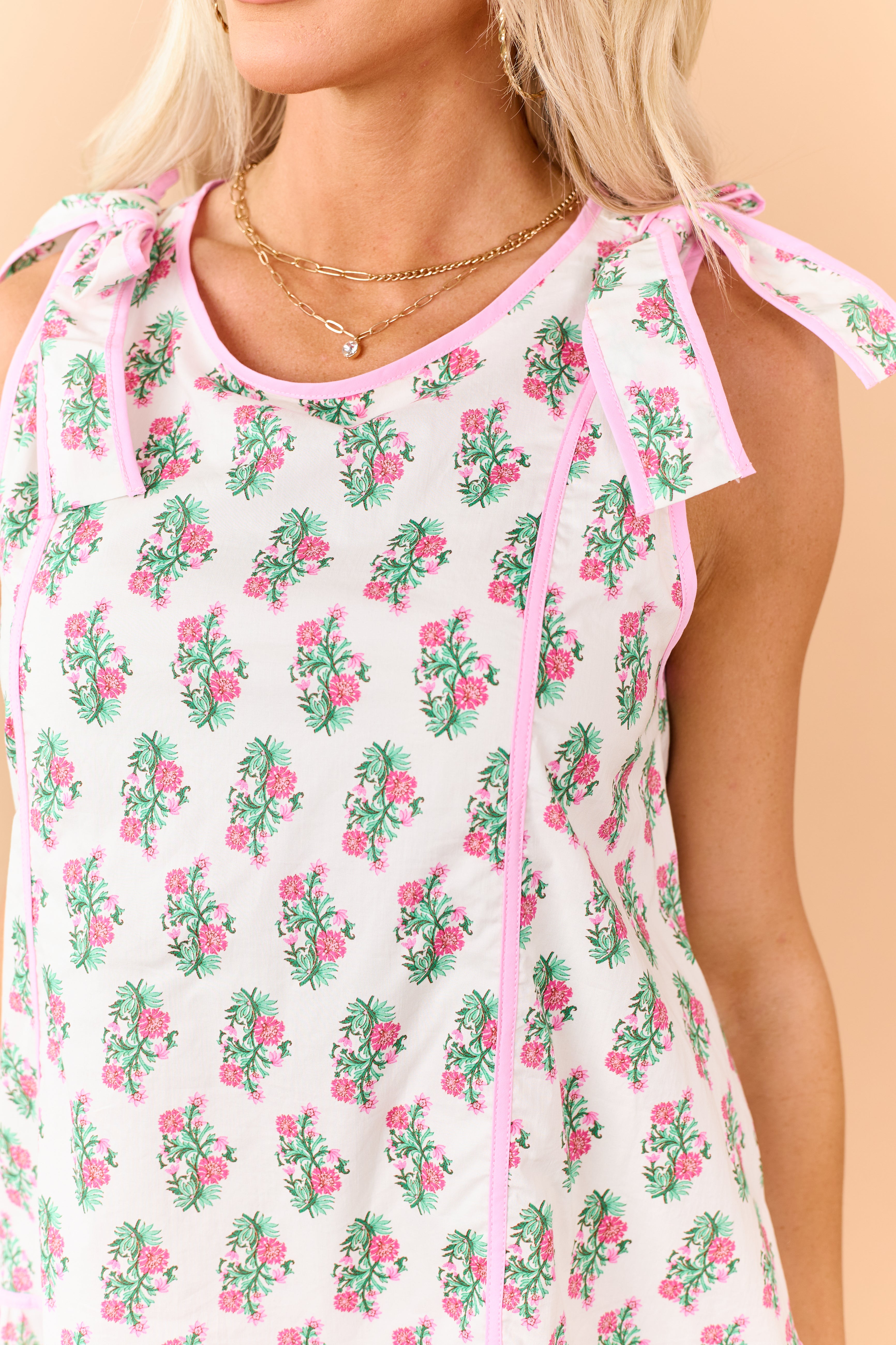 Carnation Floral Print Tie Strap Cotton Mini Dress