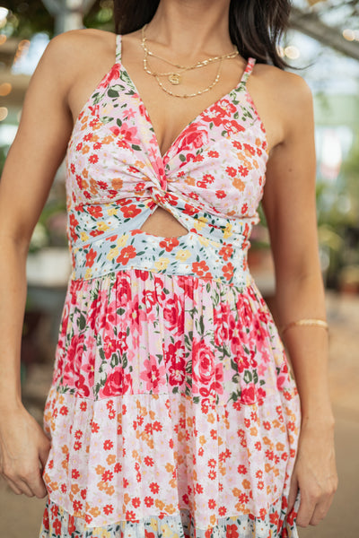 Carnation Front Twist Tiered Floral Print Maxi Dress