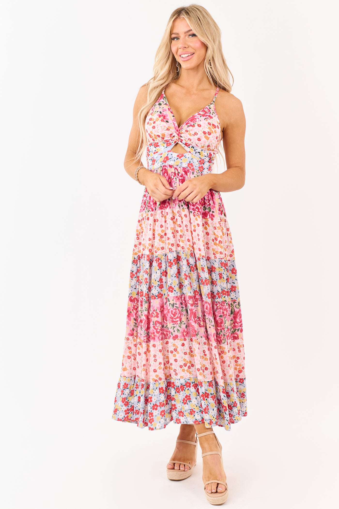 Carnation Front Twist Tiered Floral Print Maxi Dress