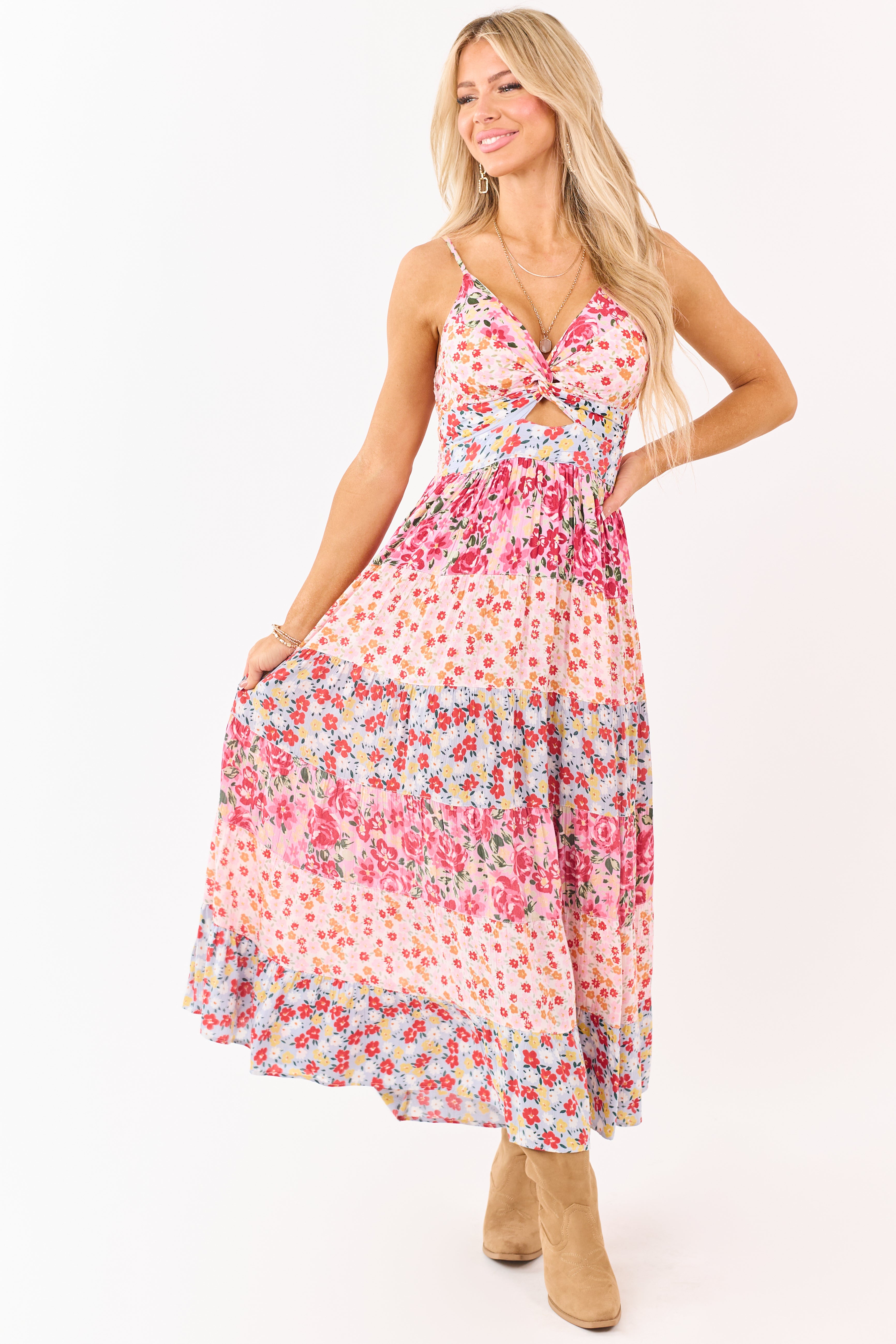 Carnation Front Twist Tiered Floral Print Maxi Dress