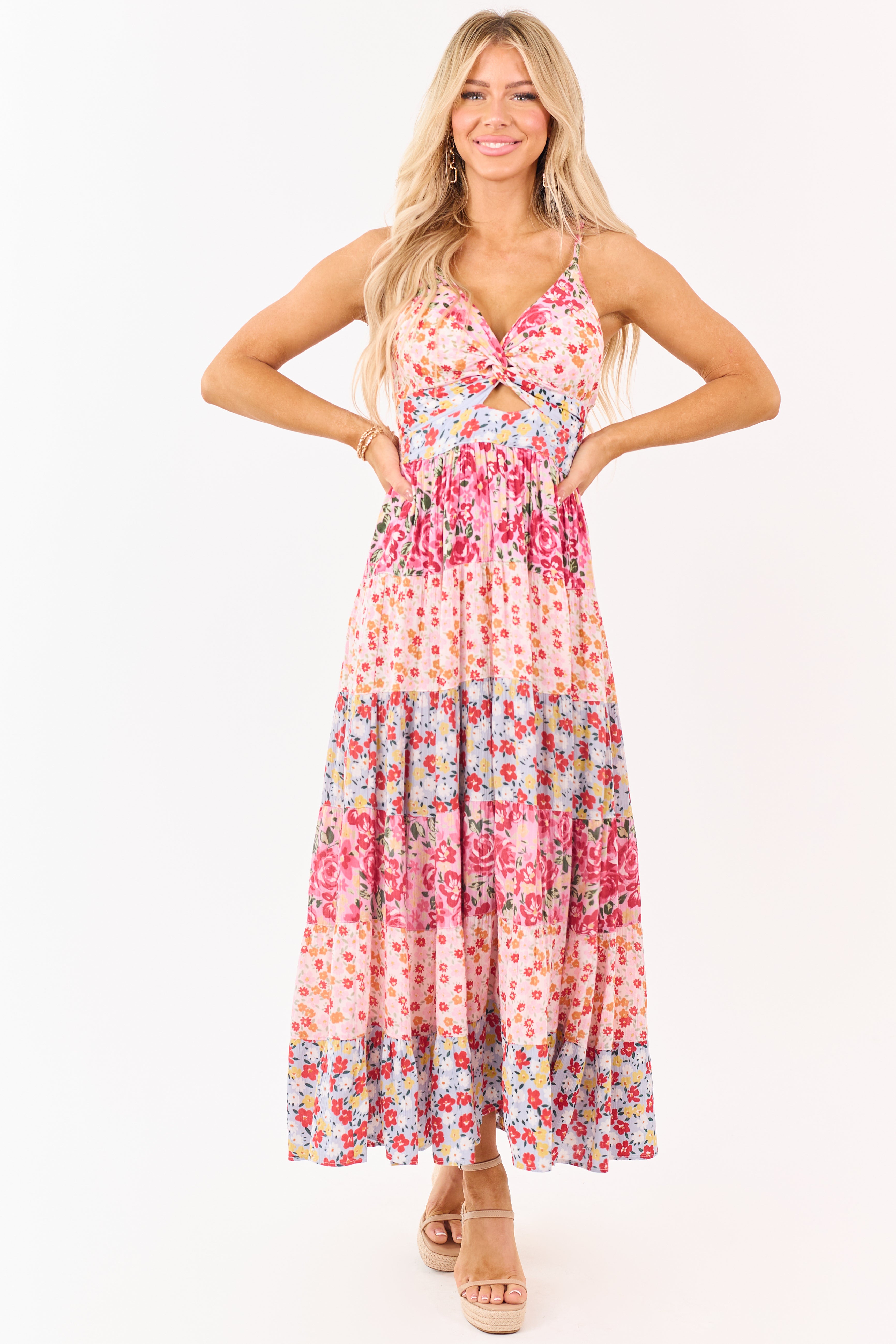 Carnation Front Twist Tiered Floral Print Maxi Dress