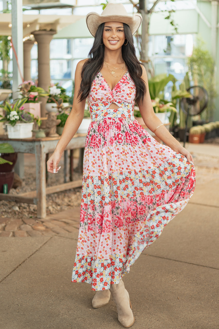 Carnation Front Twist Tiered Floral Print Maxi Dress