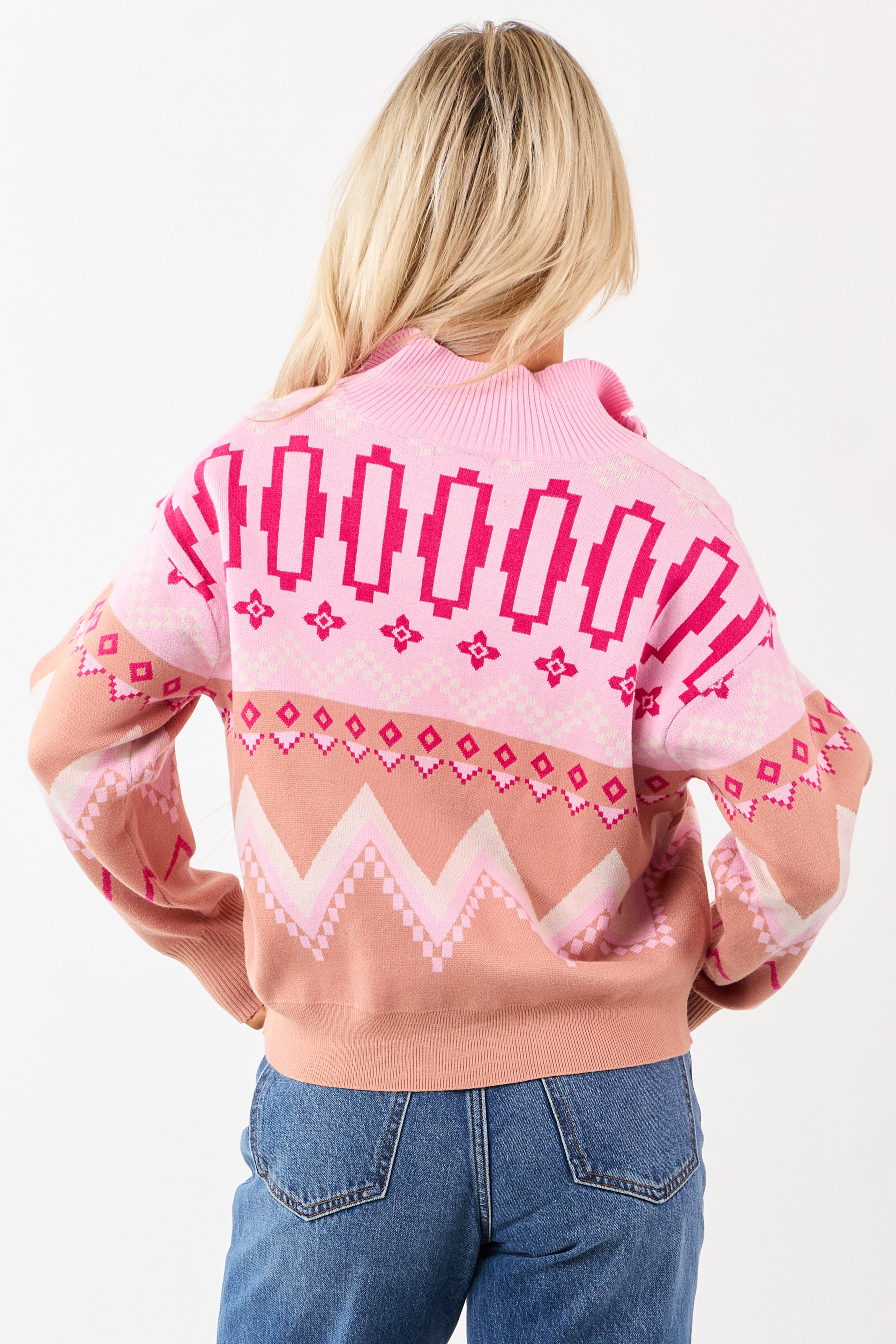 Carnation Geometric Half Zip Up Pullover Sweater | Lime Lush Boutique