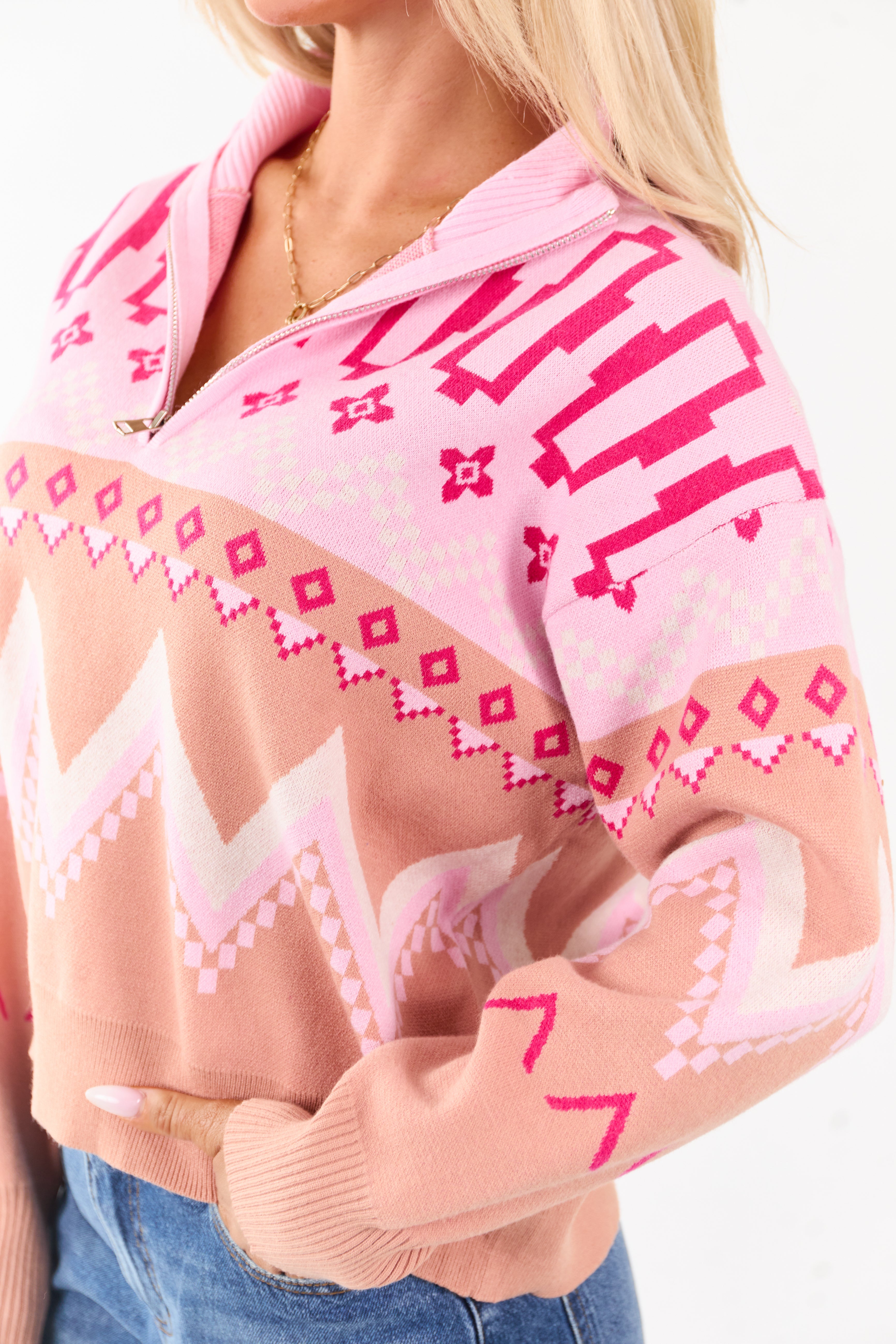 Carnation Geometric Half Zip Up Pullover Sweater | Lime Lush Boutique