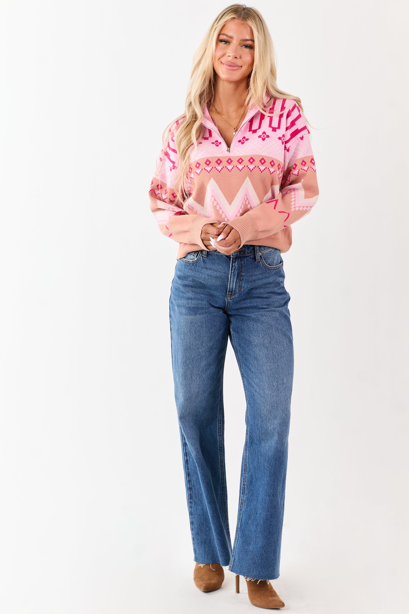 Carnation Geometric Half Zip Up Pullover Sweater