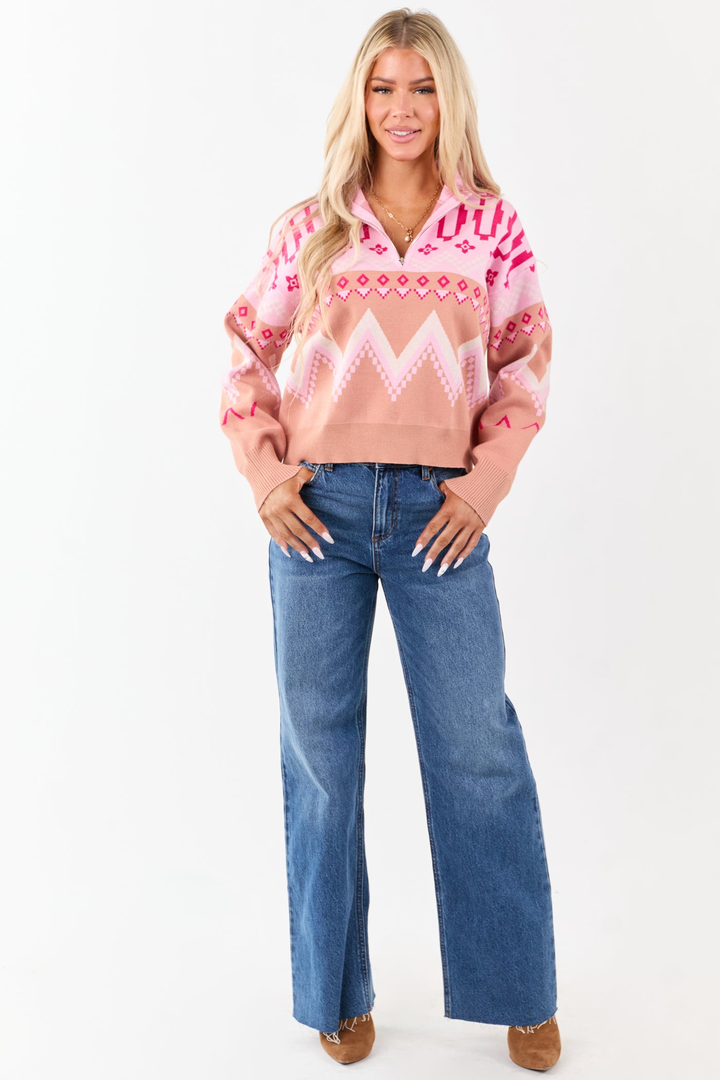 Carnation Geometric Half Zip Up Pullover Sweater
