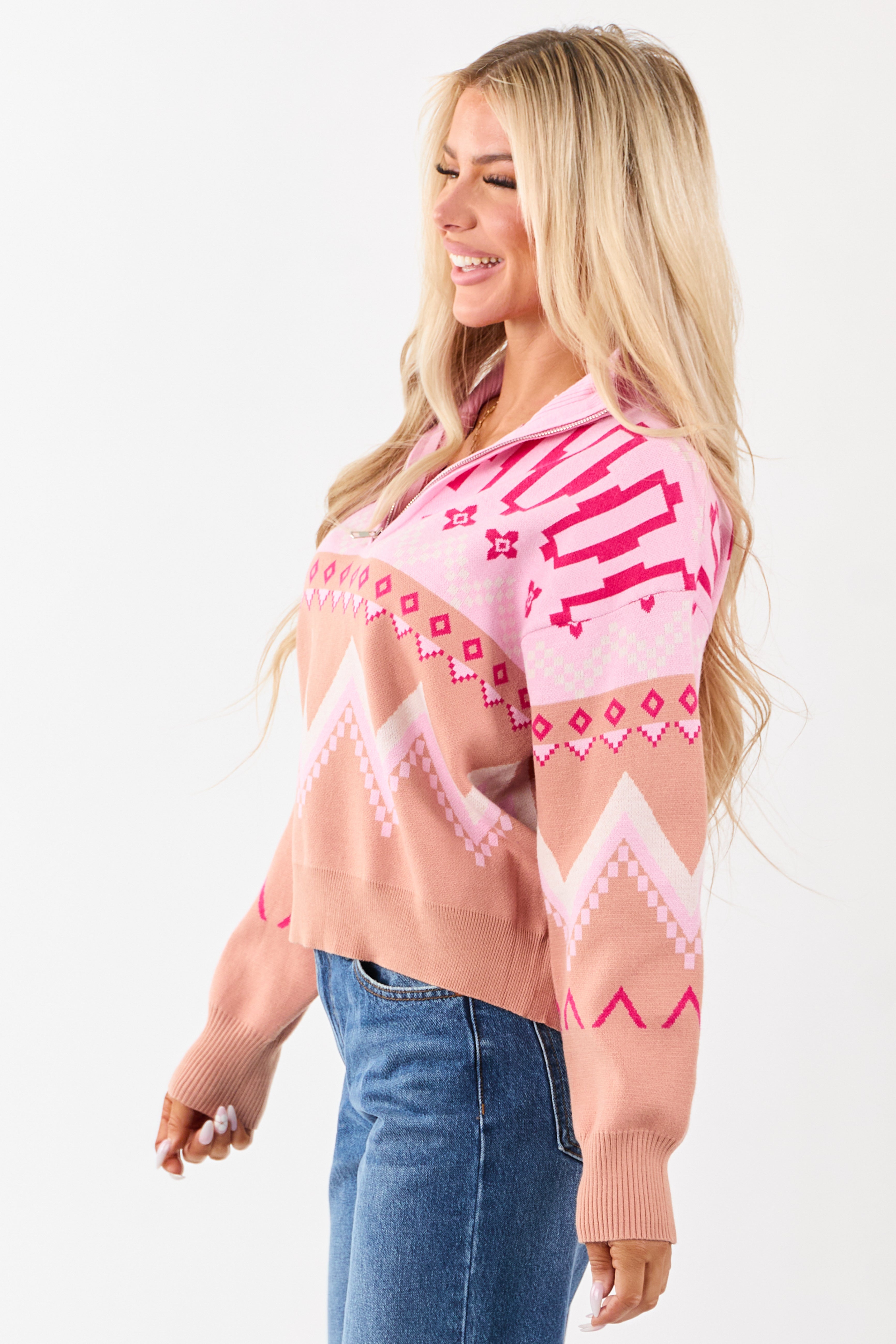 Carnation Geometric Half Zip Up Pullover Sweater
