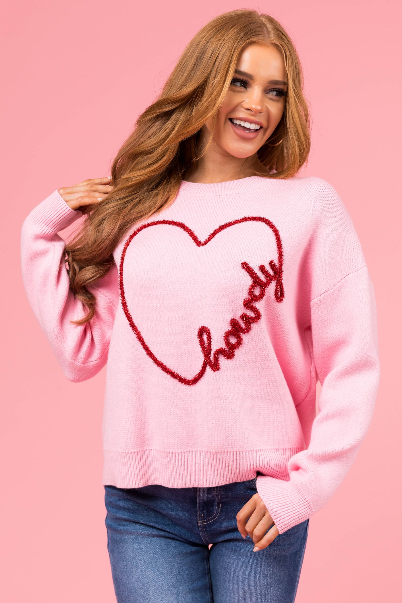 Carnation 'Howdy' Tinsel Heart Graphic Sweater