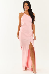 Carnation One Shoulder Satin Slit Maxi Scarf Dress