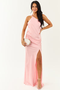 Carnation One Shoulder Satin Slit Maxi Scarf Dress