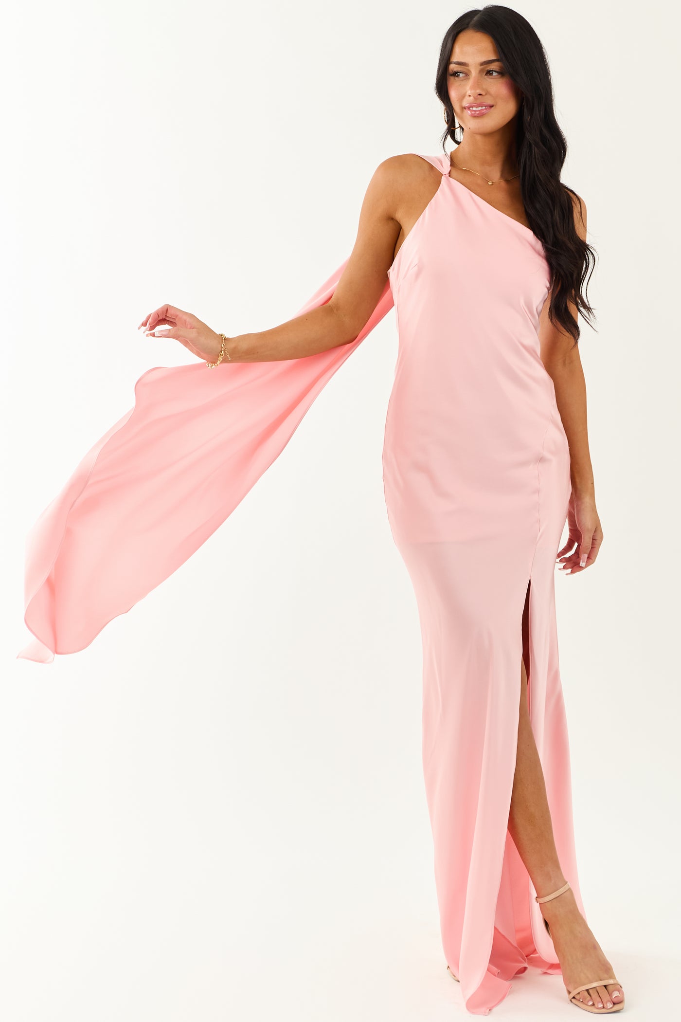 Carnation One Shoulder Satin Slit Maxi Scarf Dress
