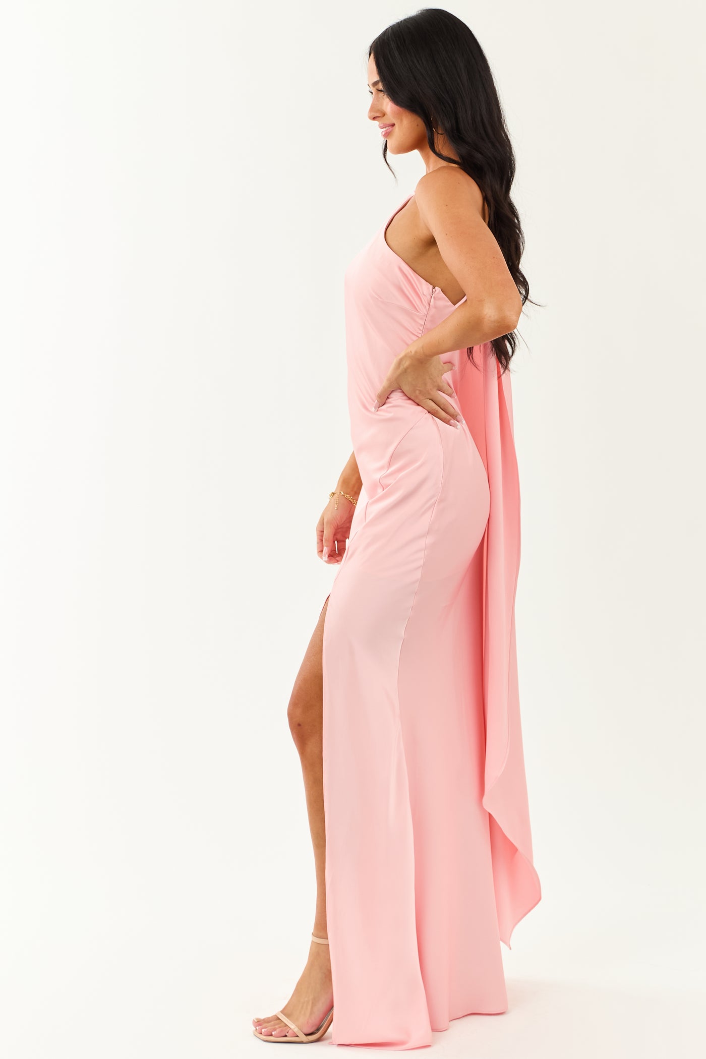 one shoulder scarf dress Carnation One Shoulder Satin Slit Maxi Scarf Dress