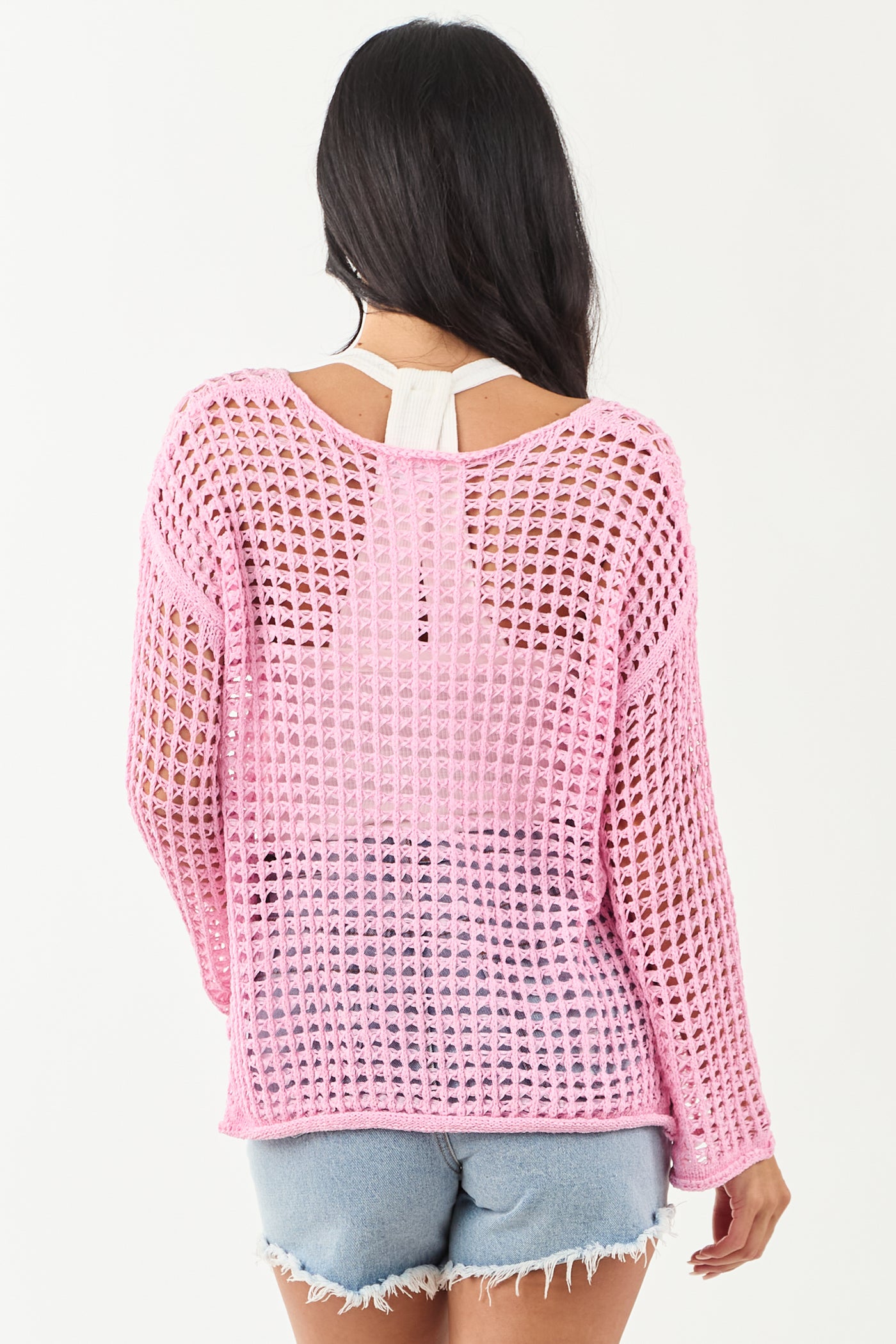 Carnation Open Crochet Knit Relaxed Sweater