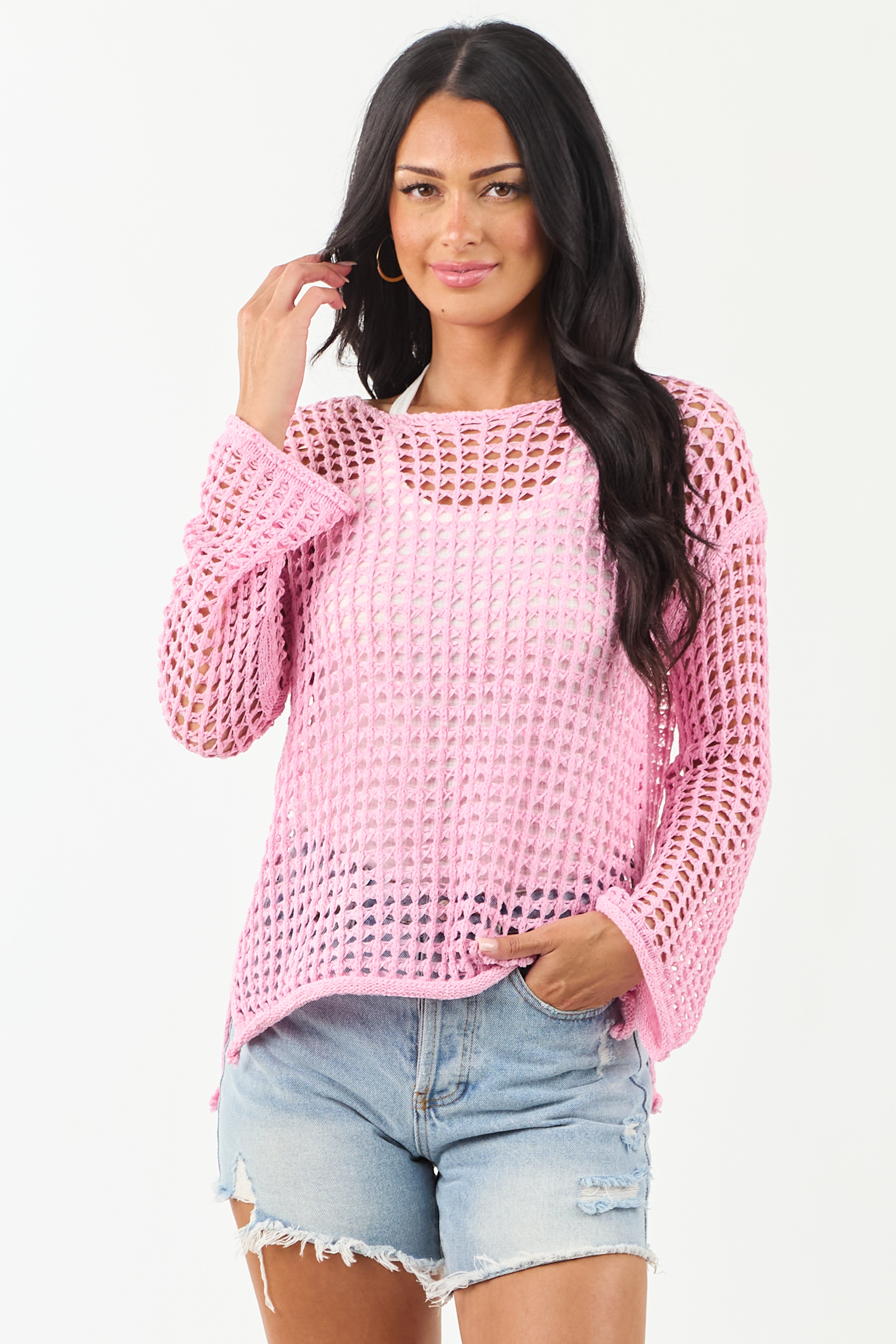Carnation Open Crochet Knit Relaxed Sweater