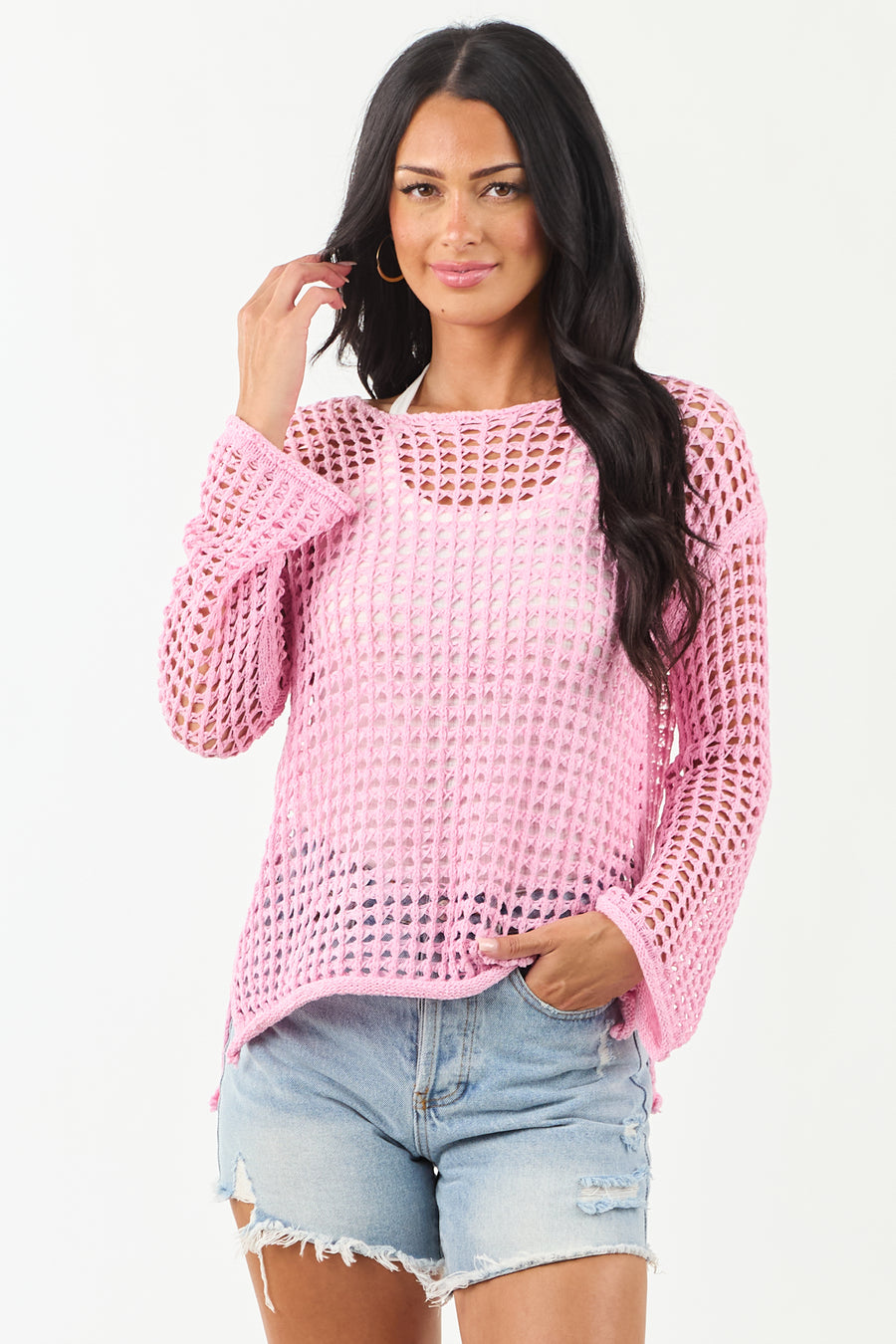 Carnation Open Crochet Knit Relaxed Sweater