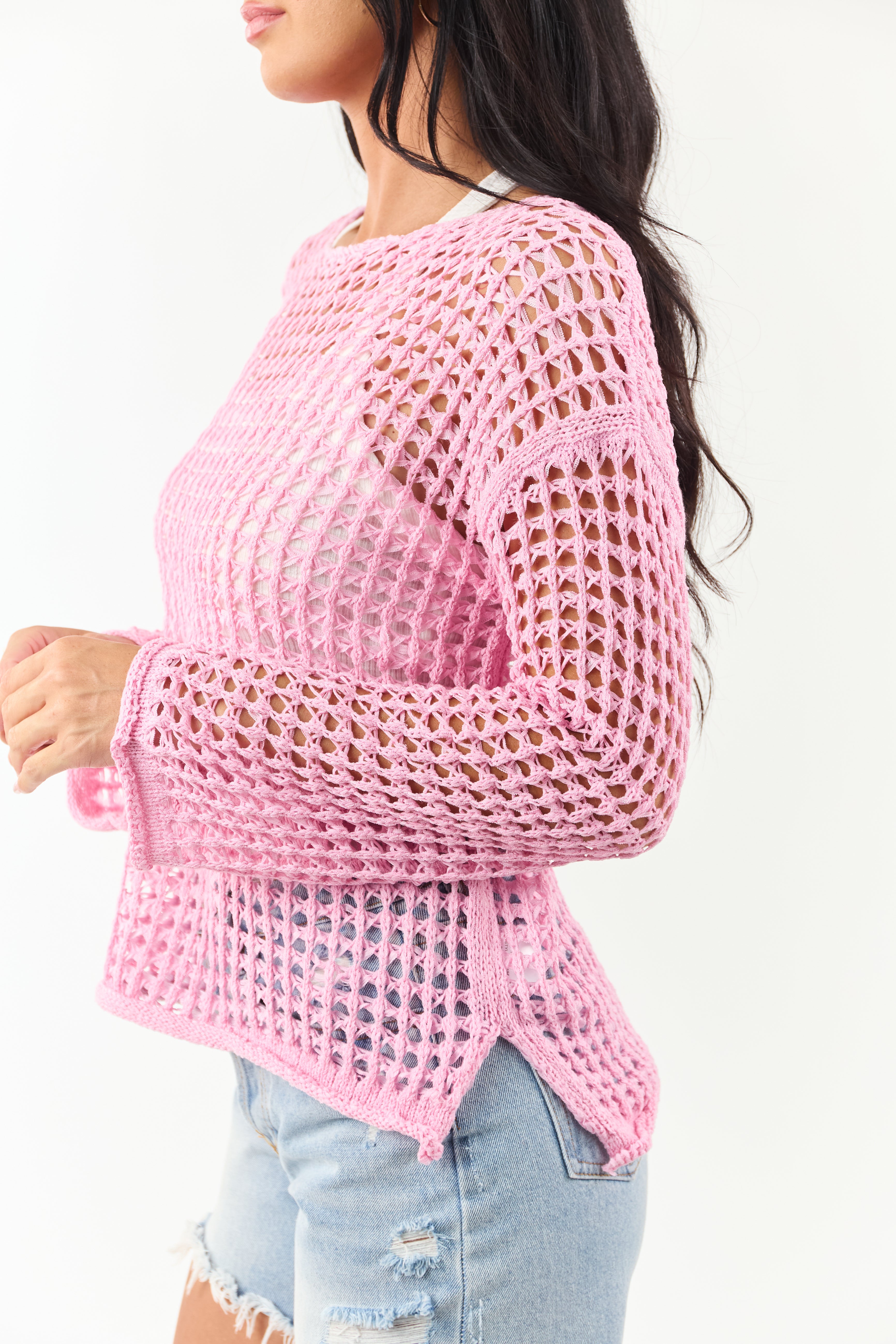 Carnation Open Crochet Knit Relaxed Sweater