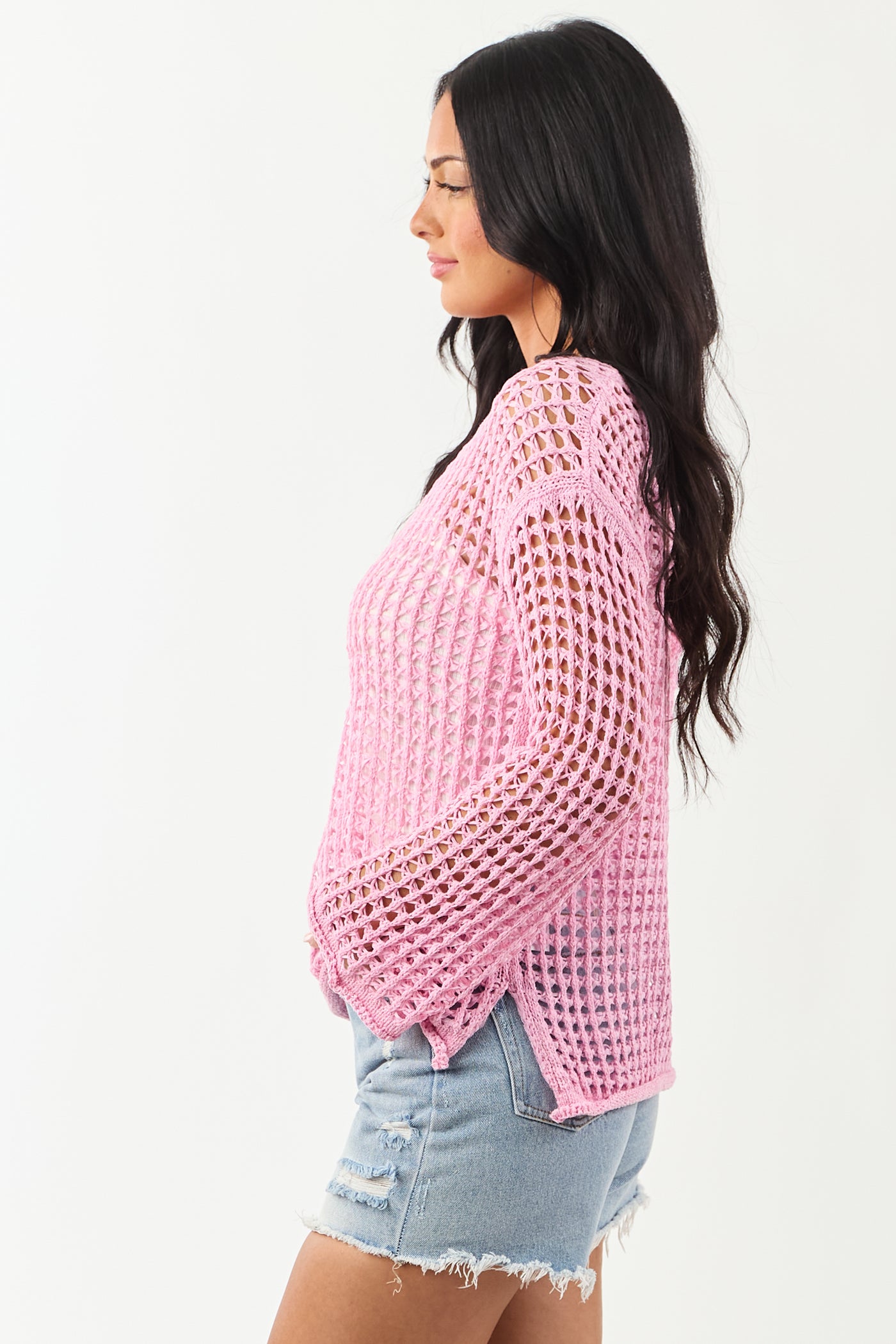 Carnation Open Crochet Knit Relaxed Sweater