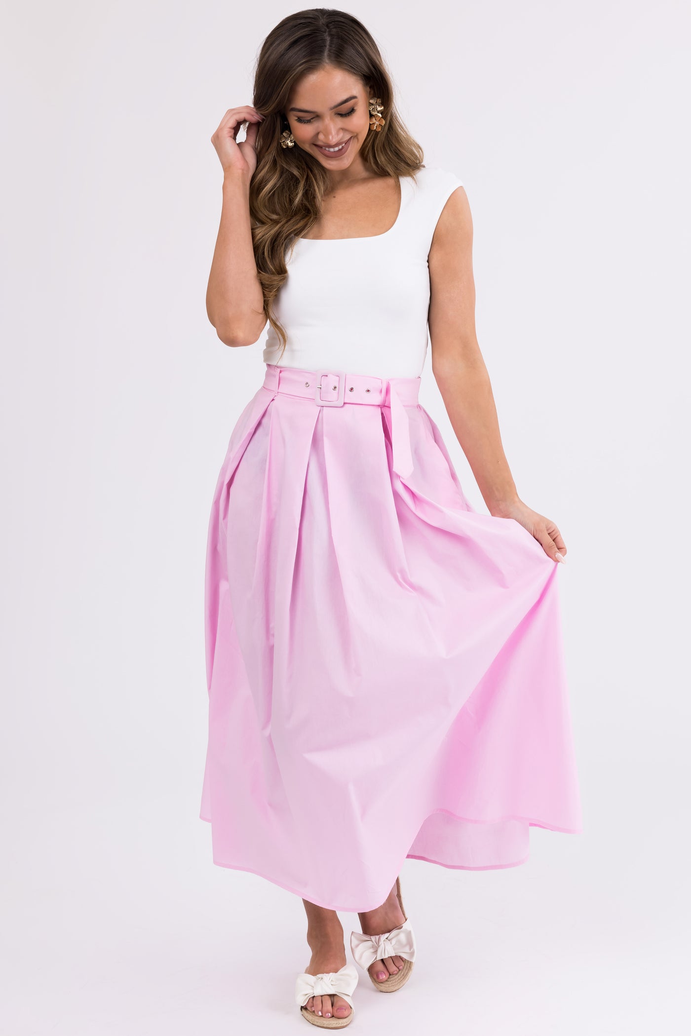 Carnation Pink Belted Woven A Line Maxi Skirt