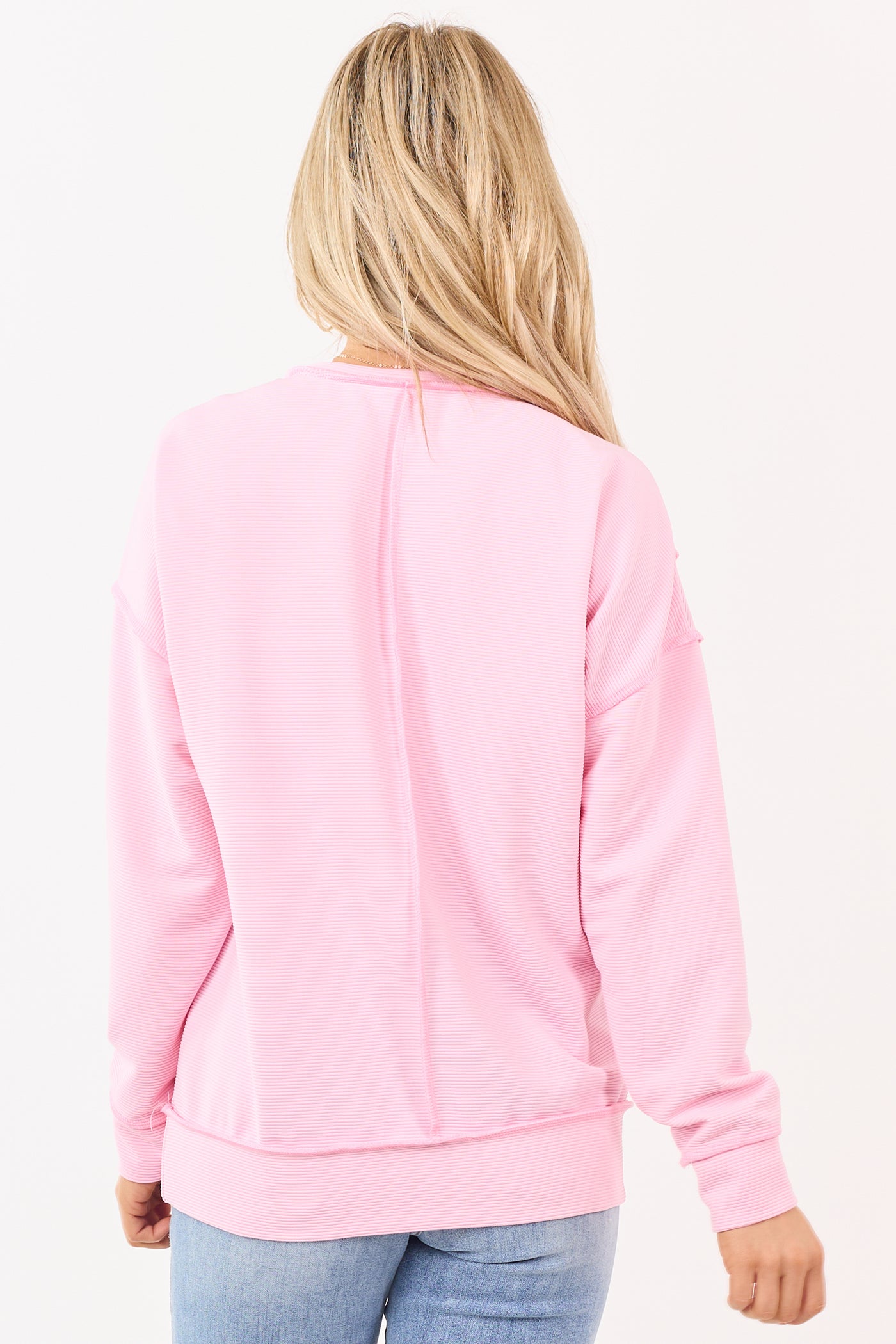 Carnation Ribbed Exposed Seam Relaxed Pullover Top