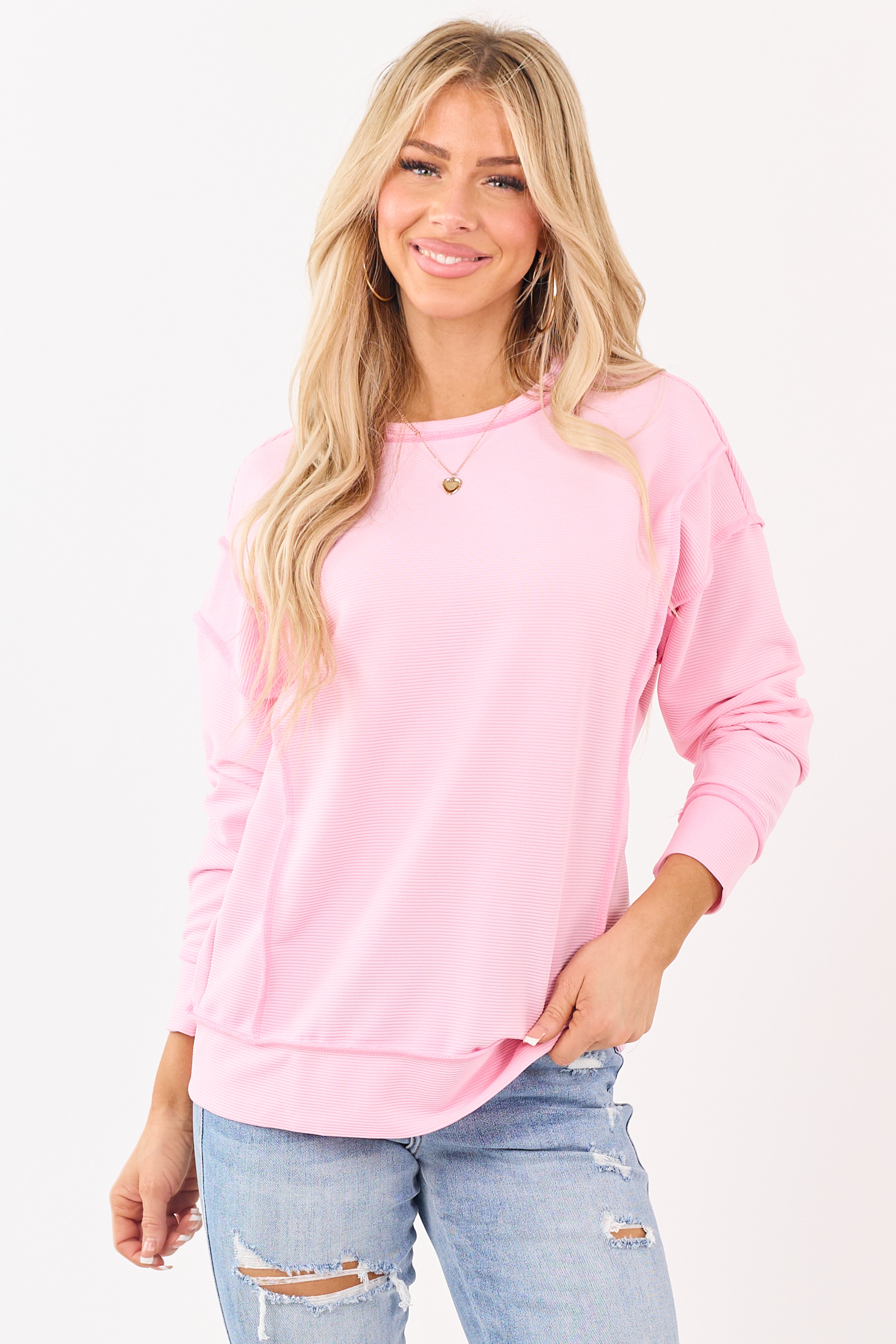 Carnation Ribbed Exposed Seam Relaxed Pullover Top