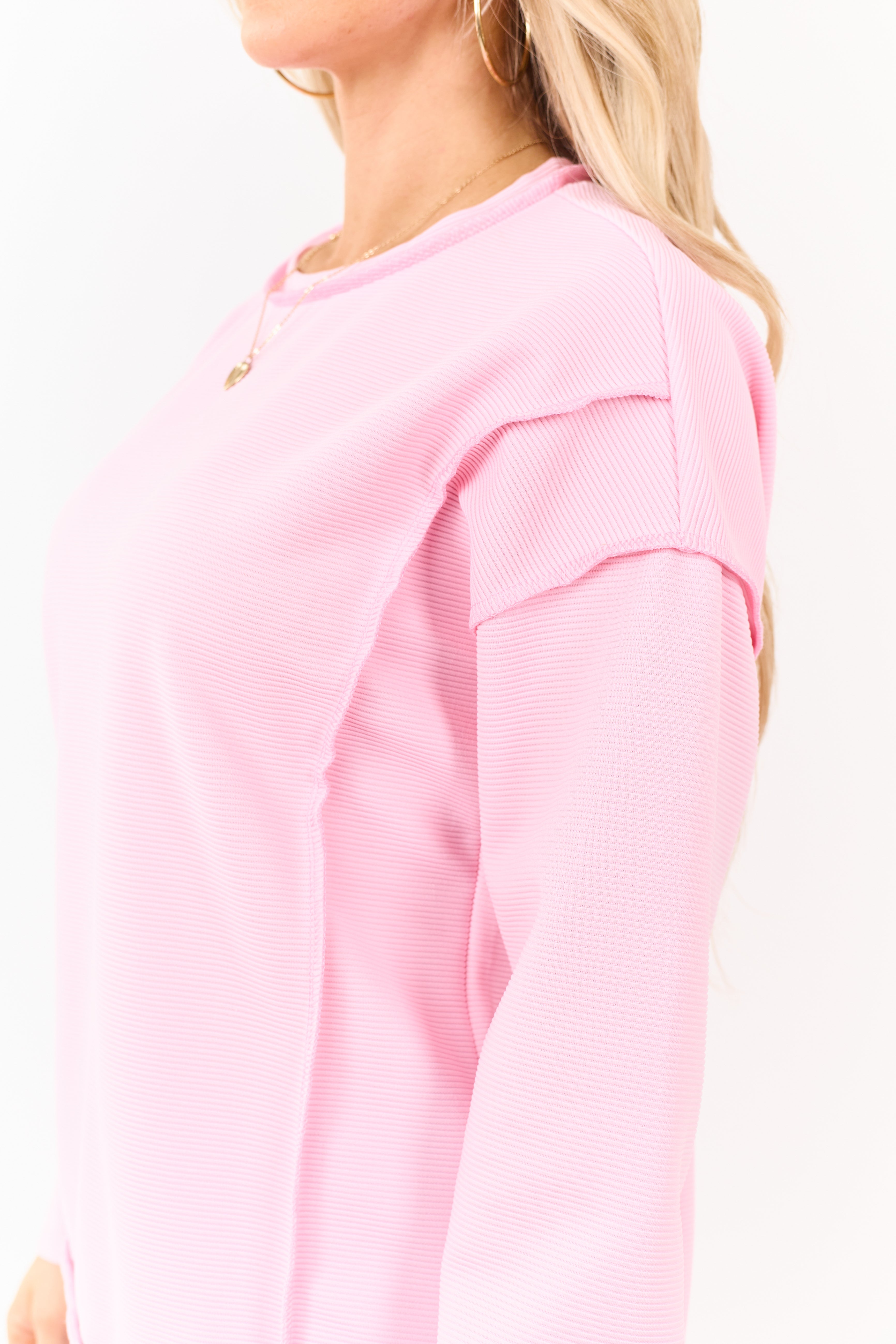 Carnation Ribbed Exposed Seam Relaxed Pullover Top
