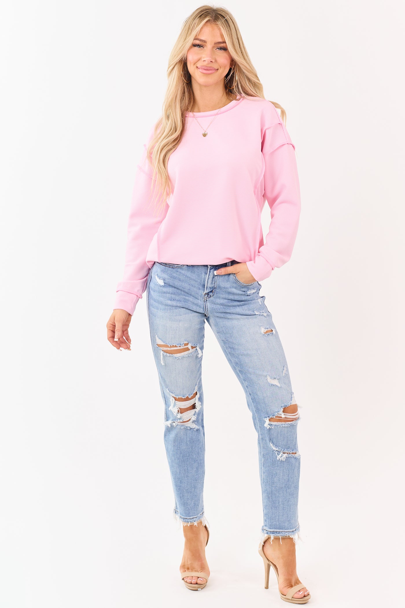 Carnation Ribbed Exposed Seam Relaxed Pullover Top
