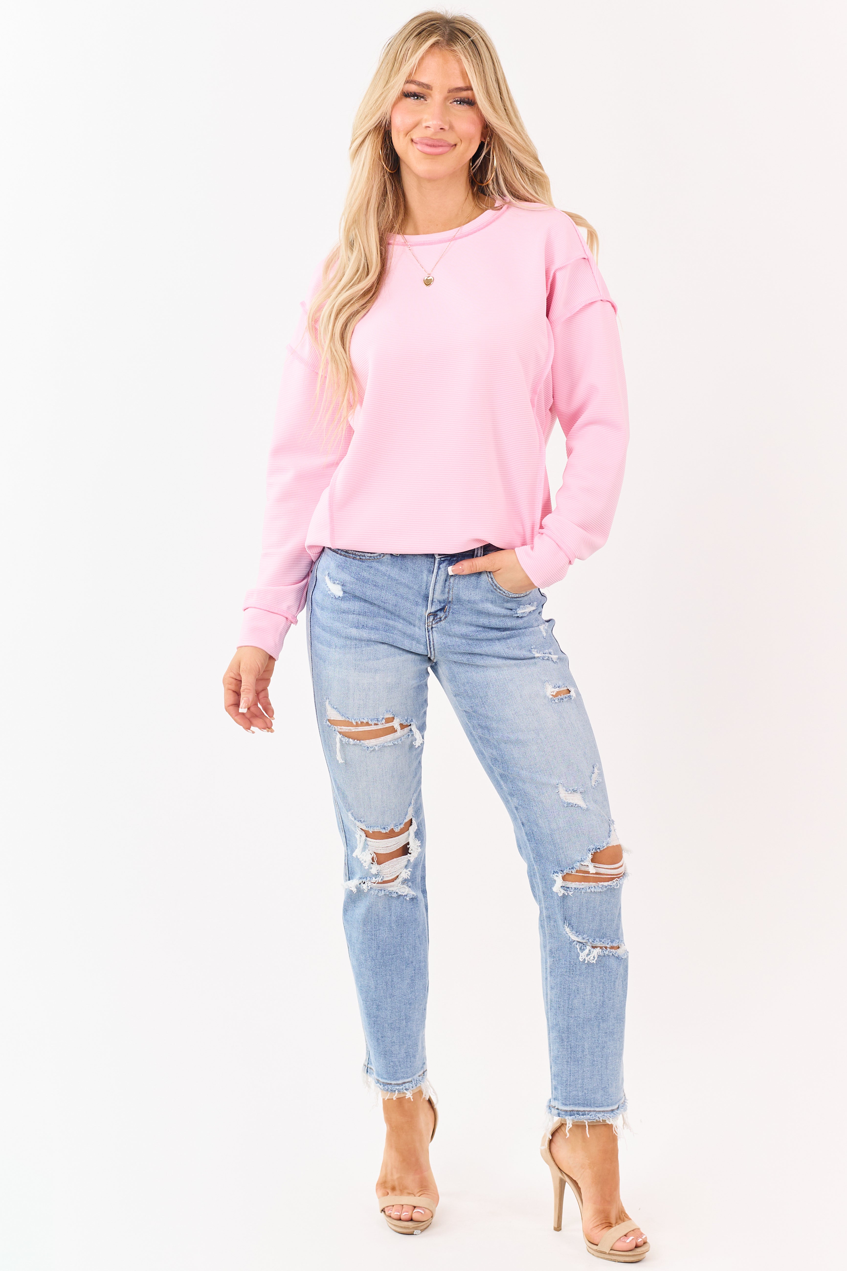 Carnation Ribbed Exposed Seam Relaxed Pullover Top
