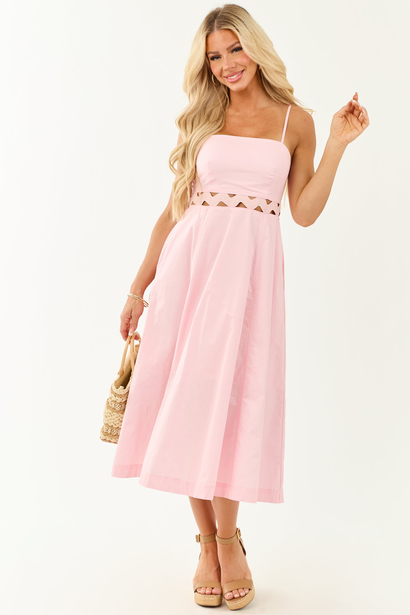 Carnation Rickrack Cutout Waist Cotton Midi Dress