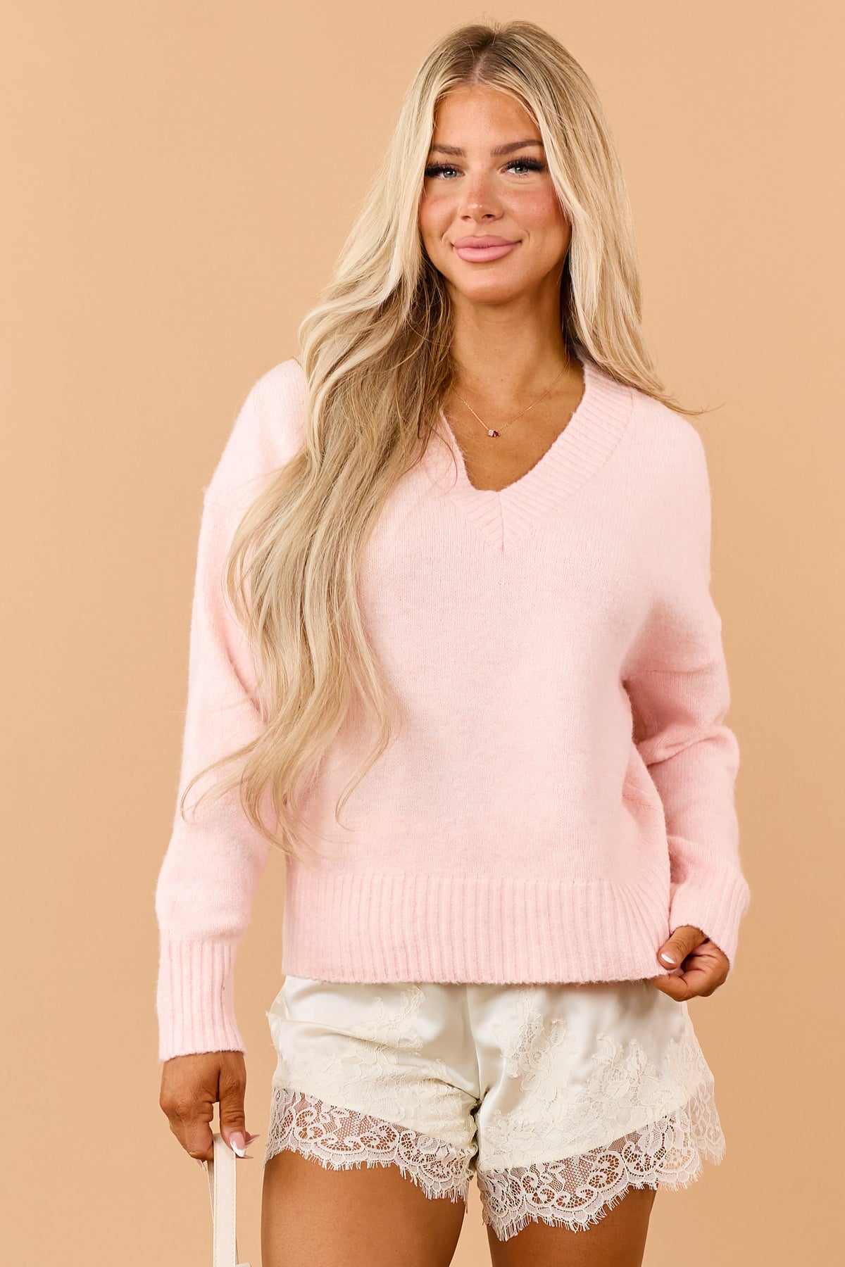 Carnation Soft Knit V-Neck Relaxed Sweater