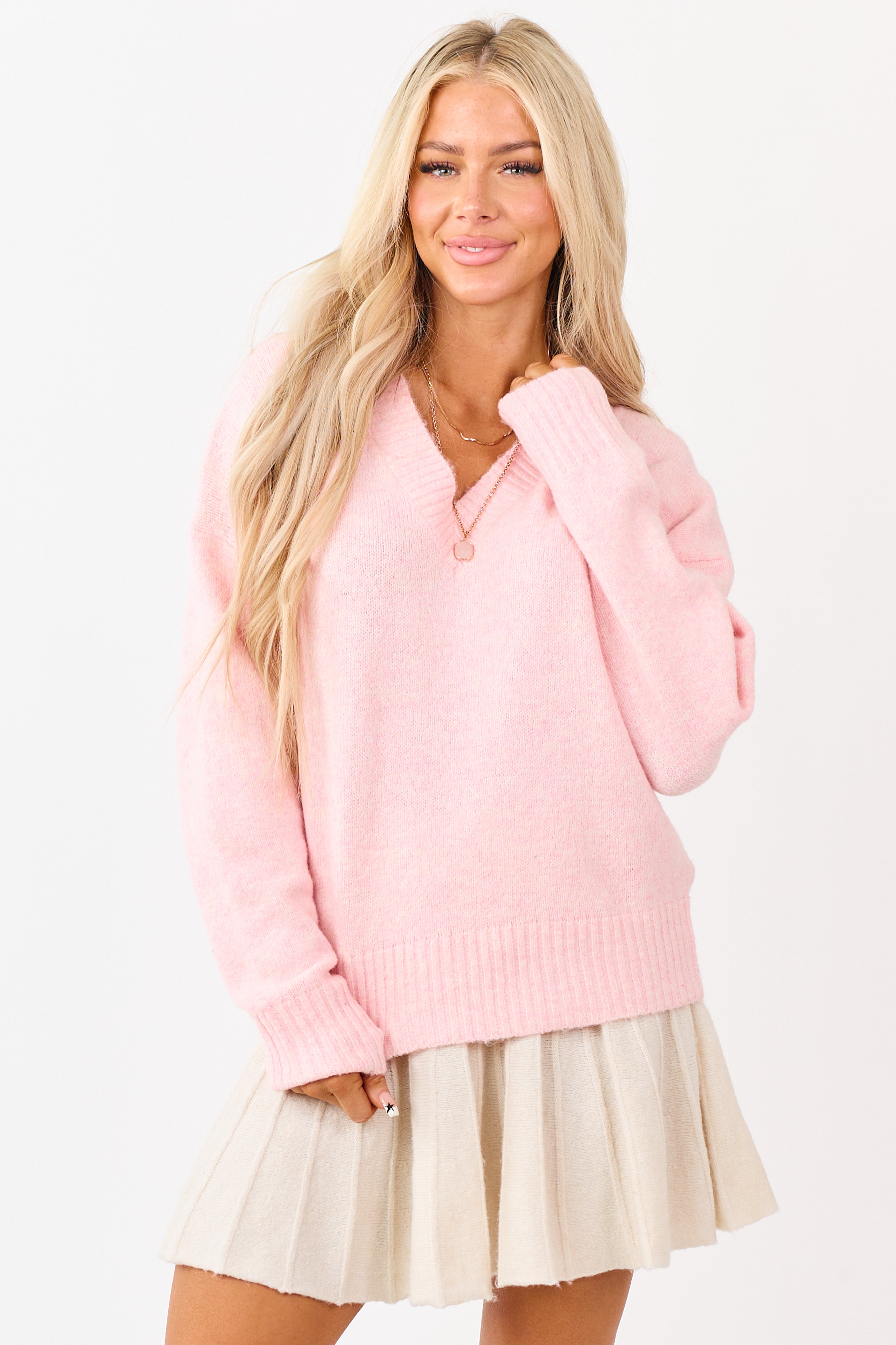 Carnation Soft Knit V-Neck Relaxed Sweater