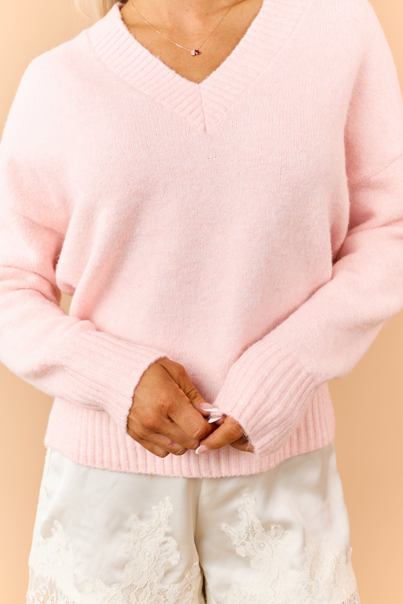 Carnation Soft Knit V-Neck Relaxed Sweater