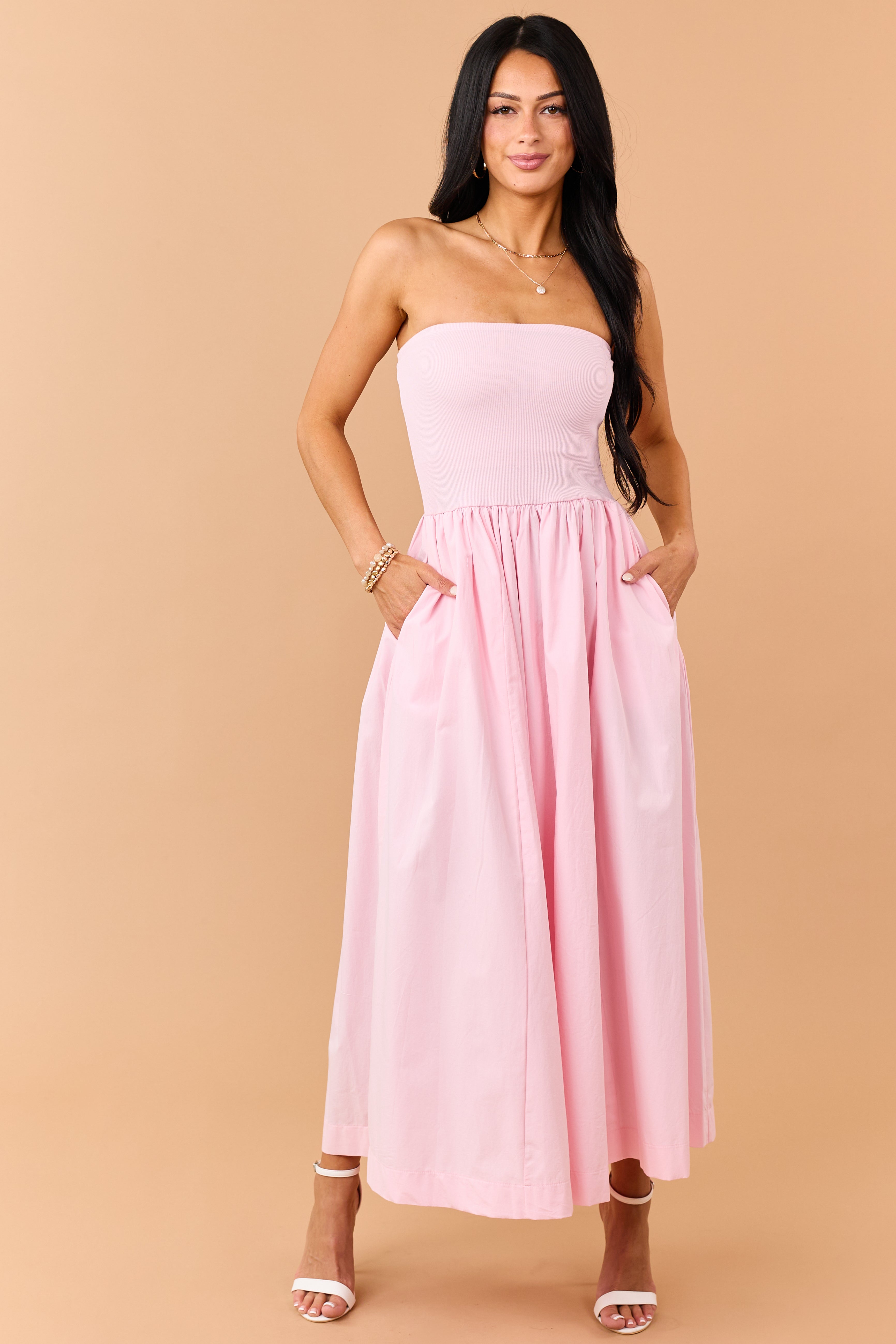Carnation Strapless Knit Contrast Cotton Maxi Dress