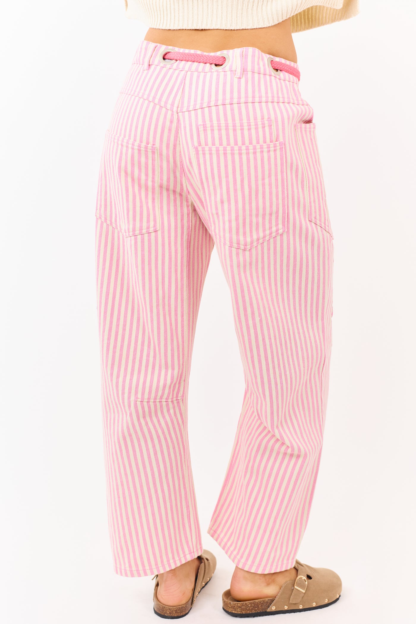 Carnation Striped Waist Tie Wide Patchwork Twill Pants